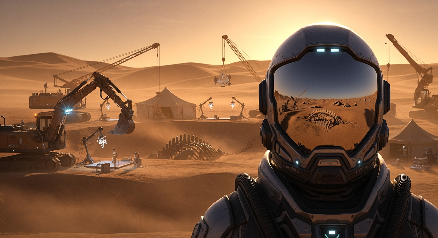 AI Design for Close-up of a sci-fi explorer in a spacesuit, seen from the front, His helmet reflects the sand dunes of the distant desert and the skeleton of a huge reptile. The image shows the explorer from his shoulders up.
Behind him, large sci-fi excavators, research cranes, scientific instruments and illuminated work areas can be seen in the sand. The explorer looks motionless at the vast desert, where an ancient, unknown secret is hidden deep in the sand. In the background, an excavation area with tents, sci-fi machines, orange sunlight, slowly moving dust clouds and a light wind. Mysterious, tense sci-fi atmosphere, cinematic composition,
