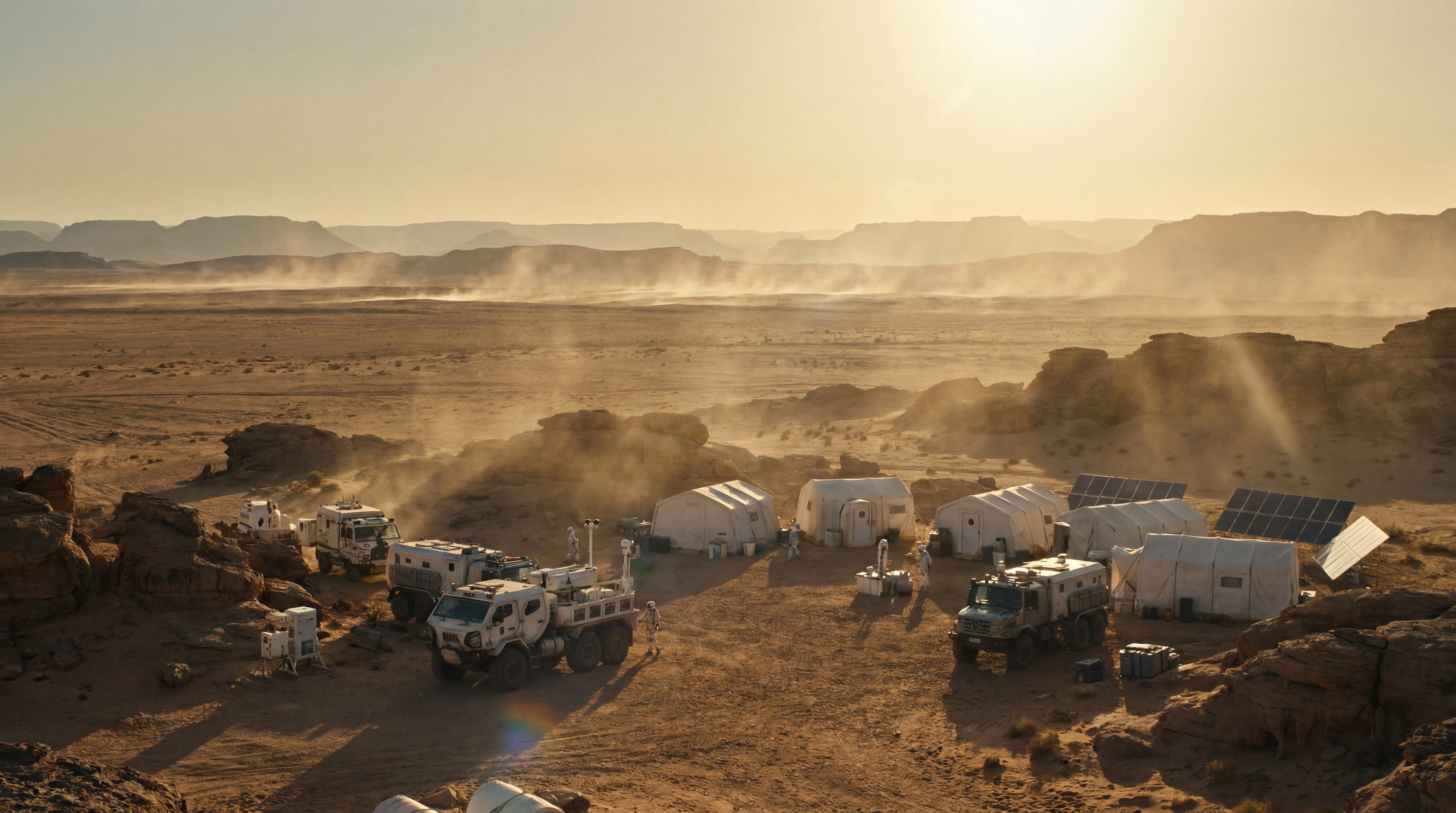 AI Design for Heat waves distort the horizon. In the distance, a modern archaeological research camp appears, with white tents, scientific equipment, solar panels and large exploration vehicles. The tiny human installation contrasts with the enormous ancient desert. Epic science fiction movie opening scene, ultra realistic, cinematic, IMAX quality, dramatic sunlight, volumetric lighting, 8K detail.