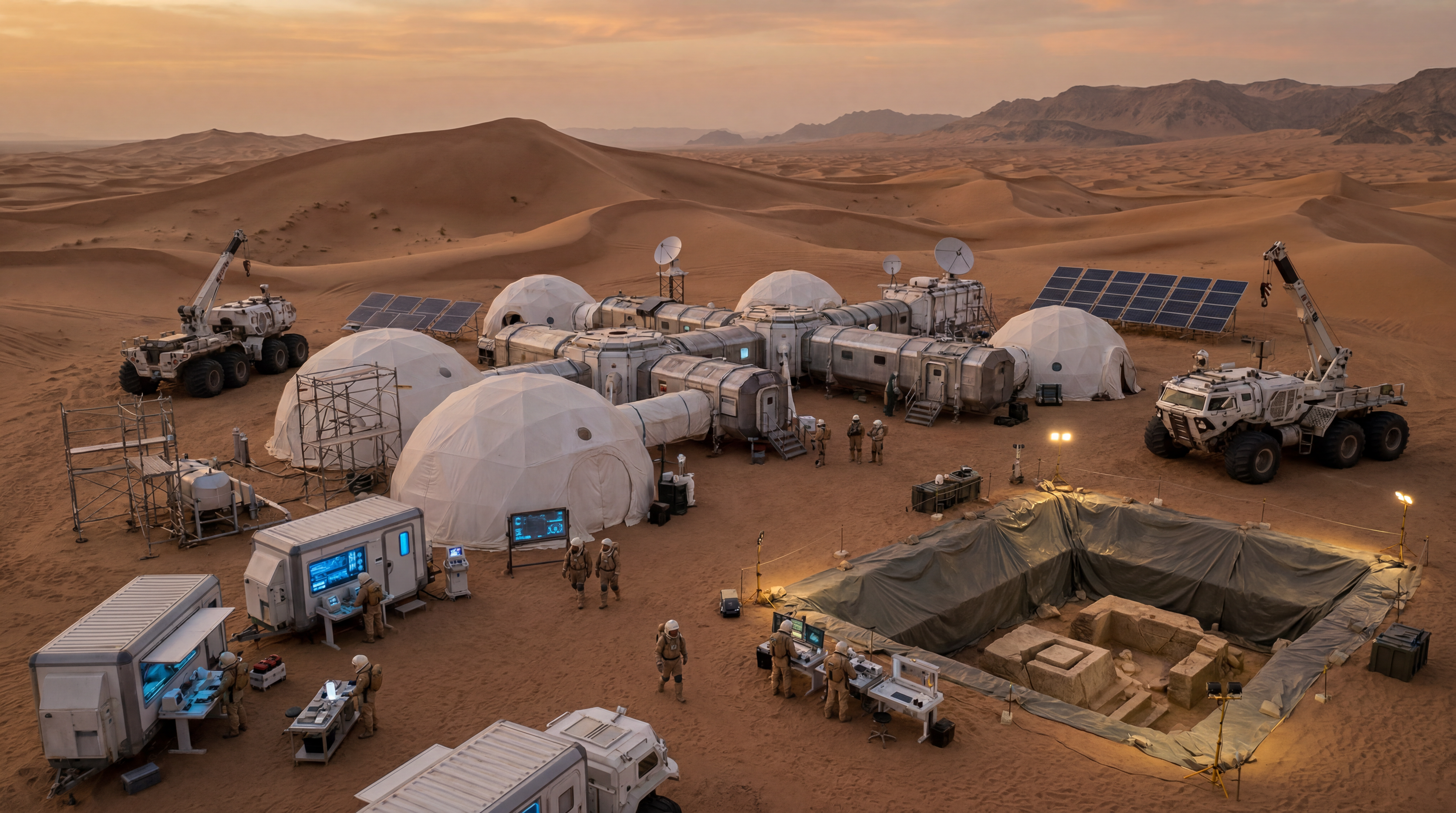 AI Design for Cinematic science fiction scene at a modern archaeological research base in the middle of a vast desert. The camera slowly moves above and around the base. White expedition tents stand across the sand, with scientific research stations, large displays, laboratory equipment, solar panels, communication antennas and massive futuristic exploration vehicles. Researchers wearing protective suits work around the camp, analyzing samples, checking instruments and studying the excavation area. Endless sand dunes and distant desert mountains surround the installation. The location feels both modern and ancient, as humanity tries to uncover a secret buried for millions of years. Slow cinematic camera movement, realistic sci-fi atmosphere, epic movie opening scene, cinematic lighting, ultra realistic, 8K.