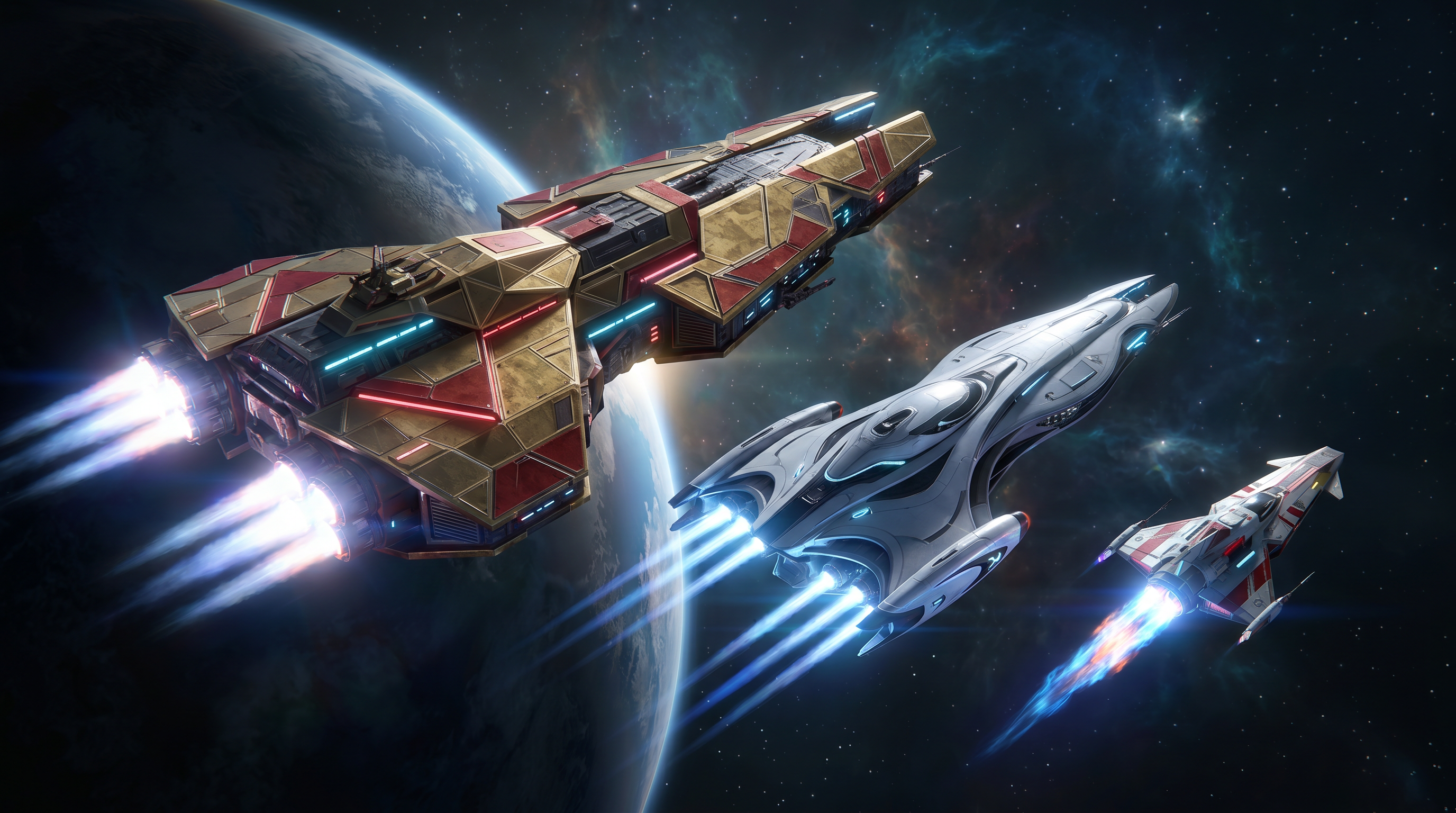 AI Design for Three highly detailed sci-fi spaceships of different sizes and distinct designs travel together through deep space. One is a large, heavily armored battleship, another is a sleek medium-sized cruiser, and the third is a smaller, fast futuristic scout ship. Each vessel has its own unique shape and technological style.

The spaceships feature brighter, contrasting colors that stand out from the dark background, with white, silver, red, and gold accents. Their engines are visibly active, producing glowing blue-white exhaust plumes and subtle plasma trails, conveying power and motion.

In the background, distant stars, faint nebulae, and a partially illuminated planet are visible. The scene has a cinematic and adventurous atmosphere rather than a dark one, with balanced lighting, subtle cyberpunk elements, and a strong sense of depth.

Style: ultra-detailed, cinematic sci-fi, subtle cyberpunk aesthetic, realistic lighting, vibrant colors, high contrast, volumetric lighting, 8K, wide-angle shot, epic scale, sense of motion.