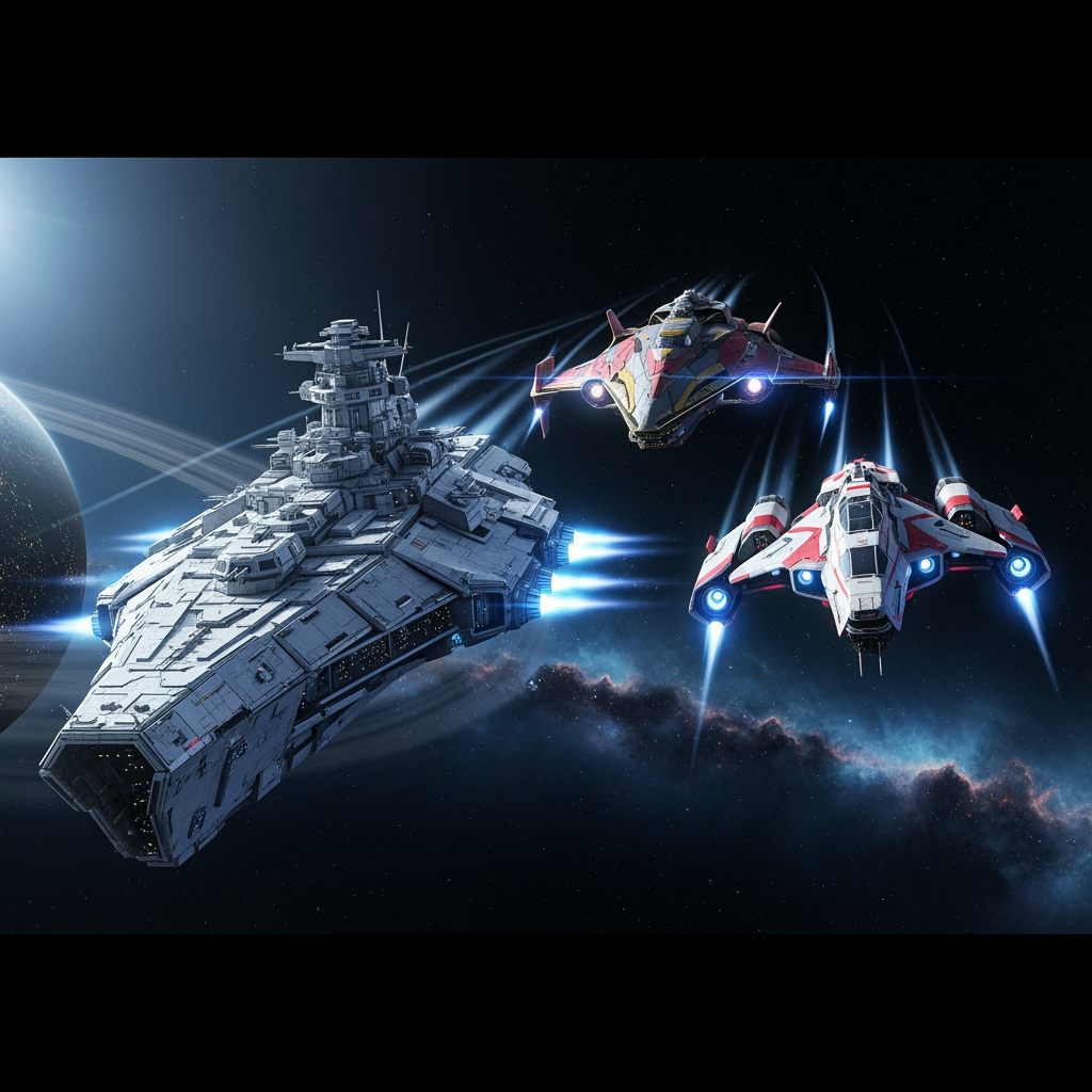 AI Design for Three highly detailed sci-fi spaceships of different sizes and distinct designs travel together through deep space. One is a large, heavily armored battleship, another is a sleek medium-sized cruiser, and the third is a smaller, fast futuristic scout ship. Each vessel has its own unique shape and technological style.

The spaceships feature brighter, contrasting colors that stand out from the dark background, with white, silver, red, and gold accents. Their engines are visibly active, producing glowing blue-white exhaust plumes and subtle plasma trails, conveying power and motion.

In the background, distant stars, faint nebulae, and a partially illuminated planet are visible. The scene has a cinematic and adventurous atmosphere rather than a dark one, with balanced lighting, subtle cyberpunk elements, and a strong sense of depth.

Style: ultra-detailed, cinematic sci-fi, subtle cyberpunk aesthetic, realistic lighting, vibrant colors, high contrast, volumetric lighting, 8K, wide-angle shot, epic scale, sense of motion.