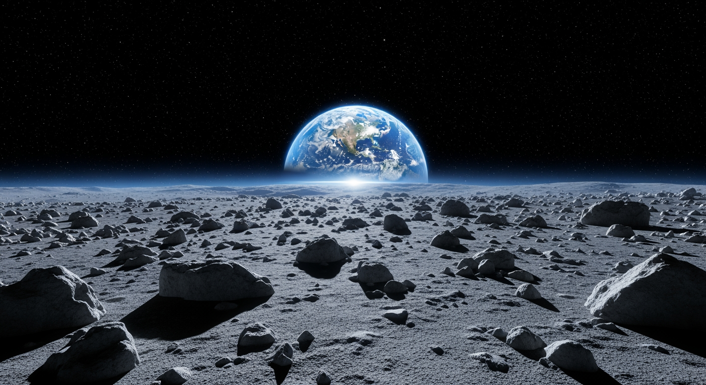 AI Design for Rocky lunar surface in the foreground. Earth slowly rises above the Moon against the blackness of space. Endless stars, thin blue atmosphere, NASA-inspired realism, epic cinematic science fiction, ultra detailed, IMAX, HDR, 8K.