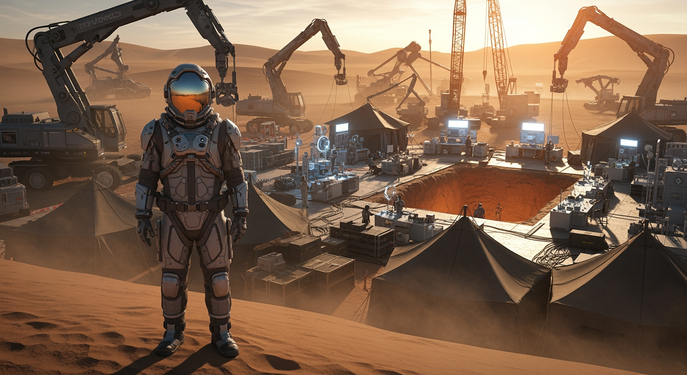 AI Design for A full-length lone researcher in a sci-fi spacesuit, seen from the front, His helmet reflects the distant desert.
A cinematic sci-fi scene in a huge desert archaeological research camp. A lone researcher stands on the edge of the camp, seen from the front, wearing a protective suit and helmet, and watches the distant desert. Behind him in the sand are large sci-fi excavators, research cranes, scientific instruments and illuminated work areas. The researcher looks motionless at the huge desert, where an ancient, unknown secret is hidden deep in the sand. In the background is an excavation area with tents, sci-fi machines, orange sunlight, slowly moving dust clouds and a light wind. Mysterious, tense sci-fi atmosphere, cinematic composition,
