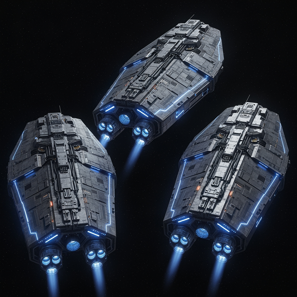 AI Design for Three medium-sized, highly detailed cyberpunk-style sci-fi spaceships fly together in formation through deep space. The ships are robust and futuristic, featuring armored hulls with subtle blue and white accent lights and restrained illumination. The focus is on advanced technology and massive engines rather than excessive neon lighting.

In the background, distant stars, faint nebulae, and a partially illuminated planet can be seen. The scene has a dark, realistic, cinematic atmosphere with dramatic lighting and a strong sense of depth.

Style: ultra-detailed, cinematic sci-fi, cyberpunk aesthetic, realistic lighting, dark atmosphere, high contrast, 8K, wide-angle shot, epic scale.