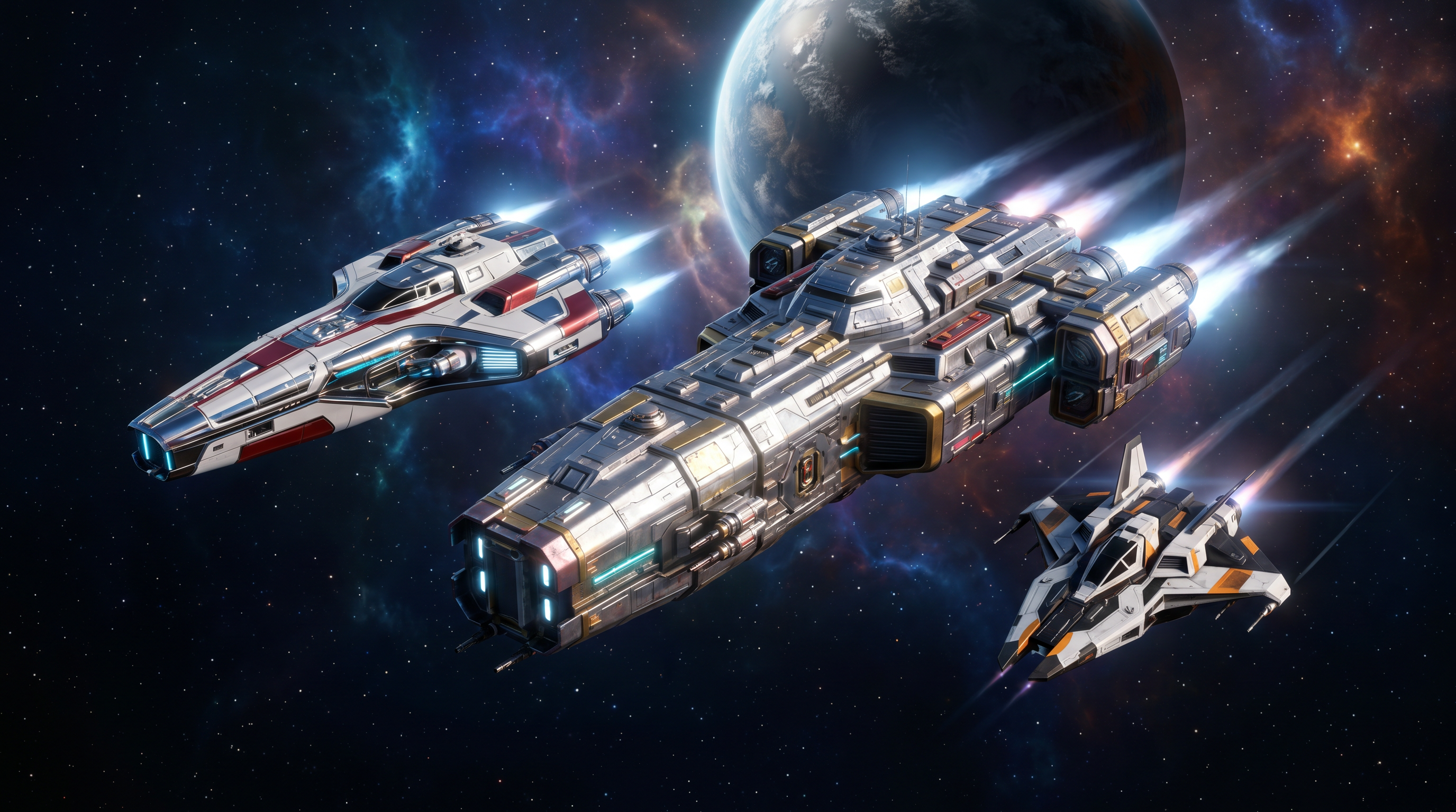 AI Design for Three highly detailed sci-fi spaceships of different sizes and distinct designs travel together through deep space. One is a large, heavily armored battleship, another is a sleek medium-sized cruiser, and the third is a smaller, fast futuristic scout ship. Each vessel has its own unique shape and technological style.

The spaceships feature brighter, contrasting colors that stand out from the dark background, with white, silver, red, and gold accents. Their engines are visibly active, producing glowing blue-white exhaust plumes and subtle plasma trails, conveying power and motion.

In the background, distant stars, faint nebulae, and a partially illuminated planet are visible. The scene has a cinematic and adventurous atmosphere rather than a dark one, with balanced lighting, subtle cyberpunk elements, and a strong sense of depth.

Style: ultra-detailed, cinematic sci-fi, subtle cyberpunk aesthetic, realistic lighting, vibrant colors, high contrast, volumetric lighting, 8K, wide-angle shot, epic scale, sense of motion.