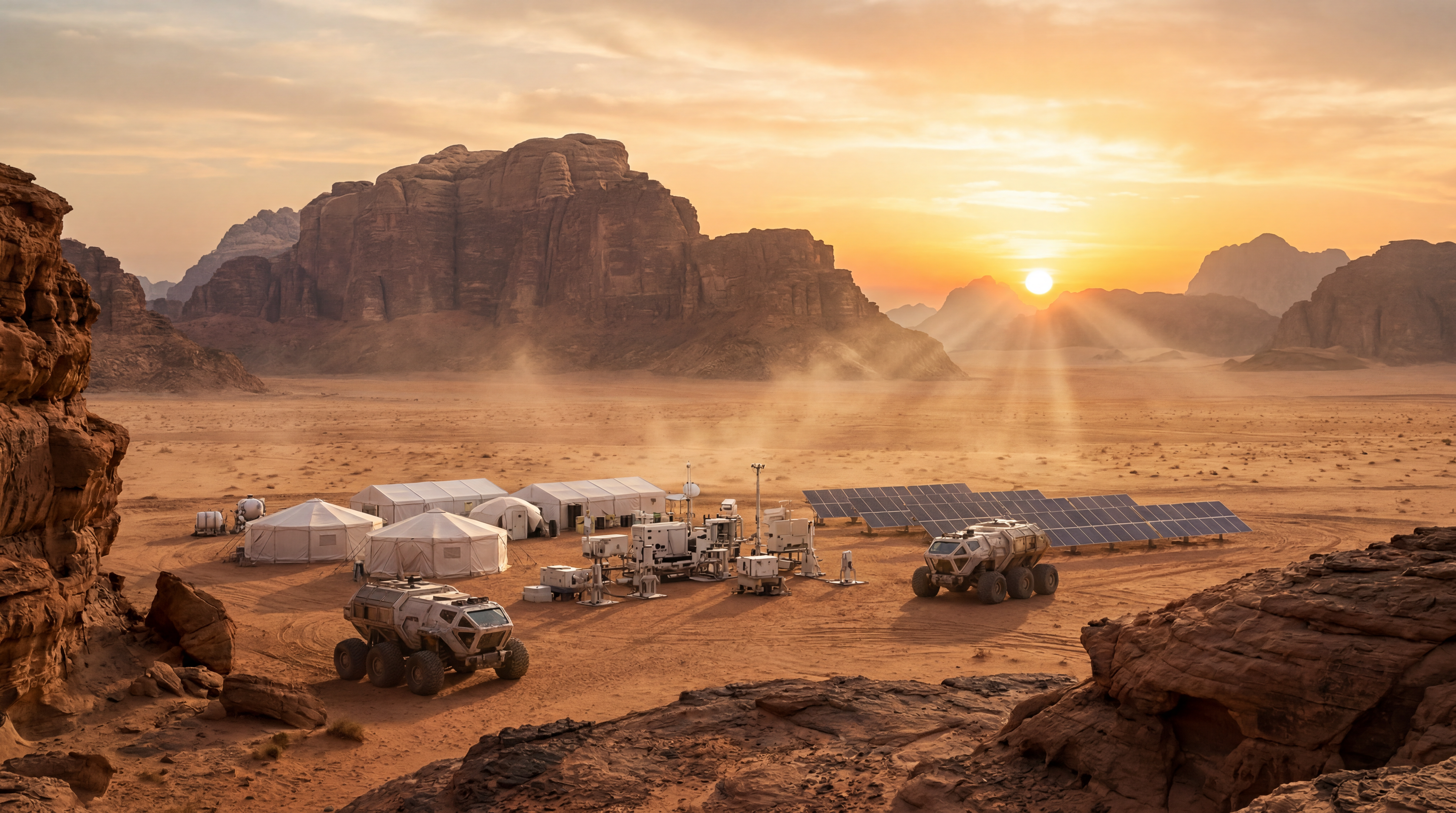 AI Design for Heat waves distort the horizon. In the distance, a modern archaeological research camp appears, with white tents, scientific equipment, solar panels and large exploration vehicles. The tiny human installation contrasts with the enormous ancient desert. Epic science fiction movie opening scene, ultra realistic, cinematic, IMAX quality, dramatic sunlight, volumetric lighting, 8K detail.