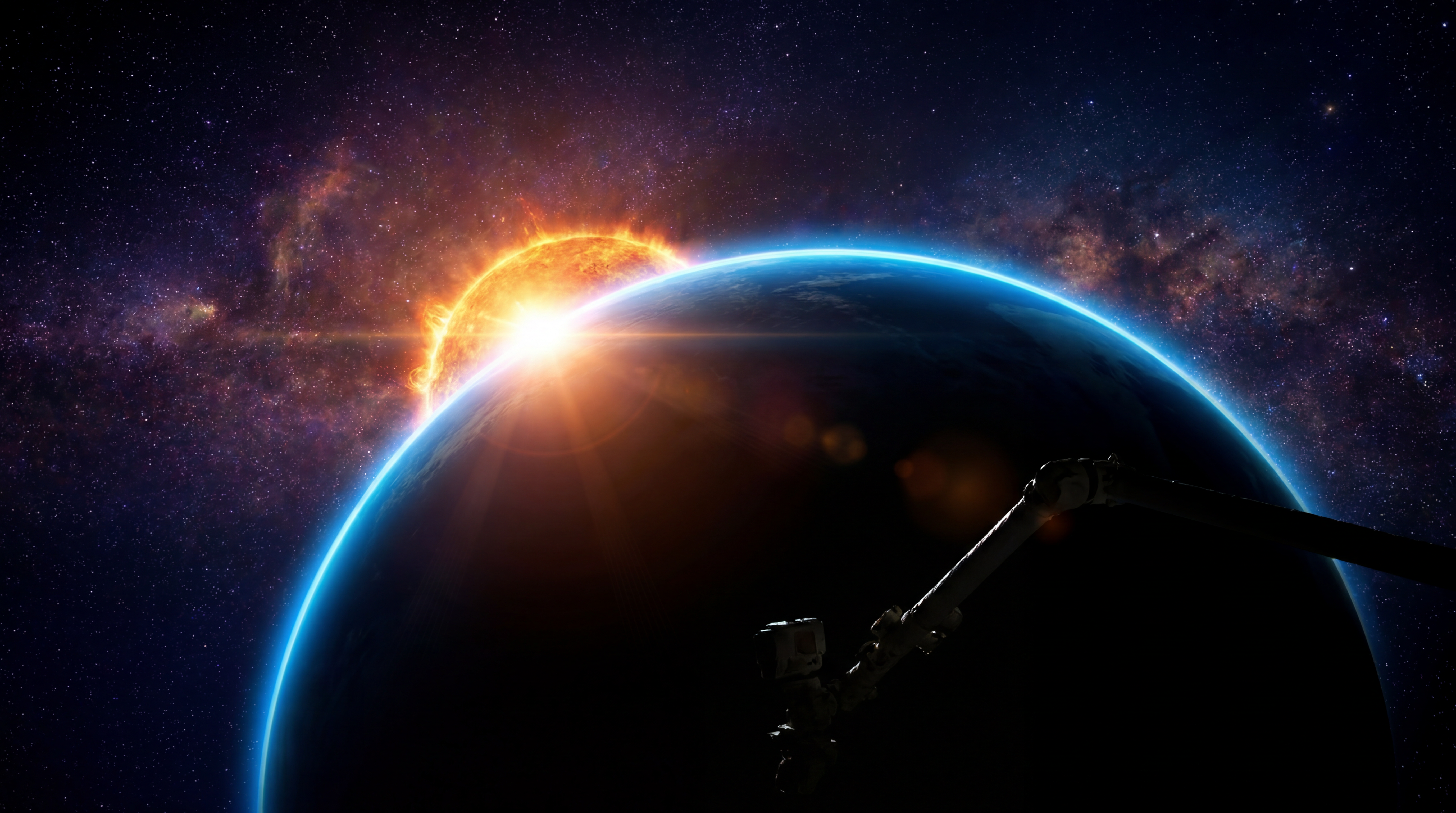 AI Design for The camera emerges from behind the blazing Sun revealing Earth almost entirely in shadow, surrounded by a thin glowing blue atmosphere. Deep star field and colorful nebulae fill the background. Monumental cinematic composition, ultra realistic, Hollywood science fiction, dramatic lighting, HDR, 8K.