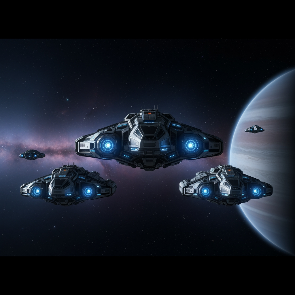 AI Design for Three medium-sized, highly detailed cyberpunk-style sci-fi spaceships fly together in formation through deep space. The ships are robust and futuristic, featuring armored hulls with subtle blue and white accent lights and restrained illumination. The focus is on advanced technology and massive engines rather than excessive neon lighting.

In the background, distant stars, faint nebulae, and a partially illuminated planet can be seen. The scene has a dark, realistic, cinematic atmosphere with dramatic lighting and a strong sense of depth.

Style: ultra-detailed, cinematic sci-fi, cyberpunk aesthetic, realistic lighting, dark atmosphere, high contrast, 8K, wide-angle shot, epic scale.