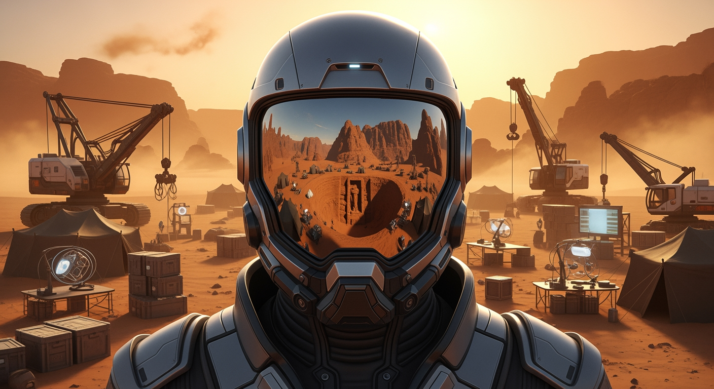 AI Design for Close-up of a scientist in a sci-fi spacesuit, seen from the front, The distant desert is reflected on his helmet. The scientist is seen from his shoulders up.
Behind him, in the sand, large sci-fi excavators, research cranes, scientific instruments and illuminated work areas are visible. The scientist looks motionless at the vast desert, where an ancient, unknown secret is hidden deep in the sand. In the background, an excavation area with tents, sci-fi machines, orange sunlight, slowly moving dust clouds and a light wind. Mysterious, tense sci-fi atmosphere, cinematic composition,