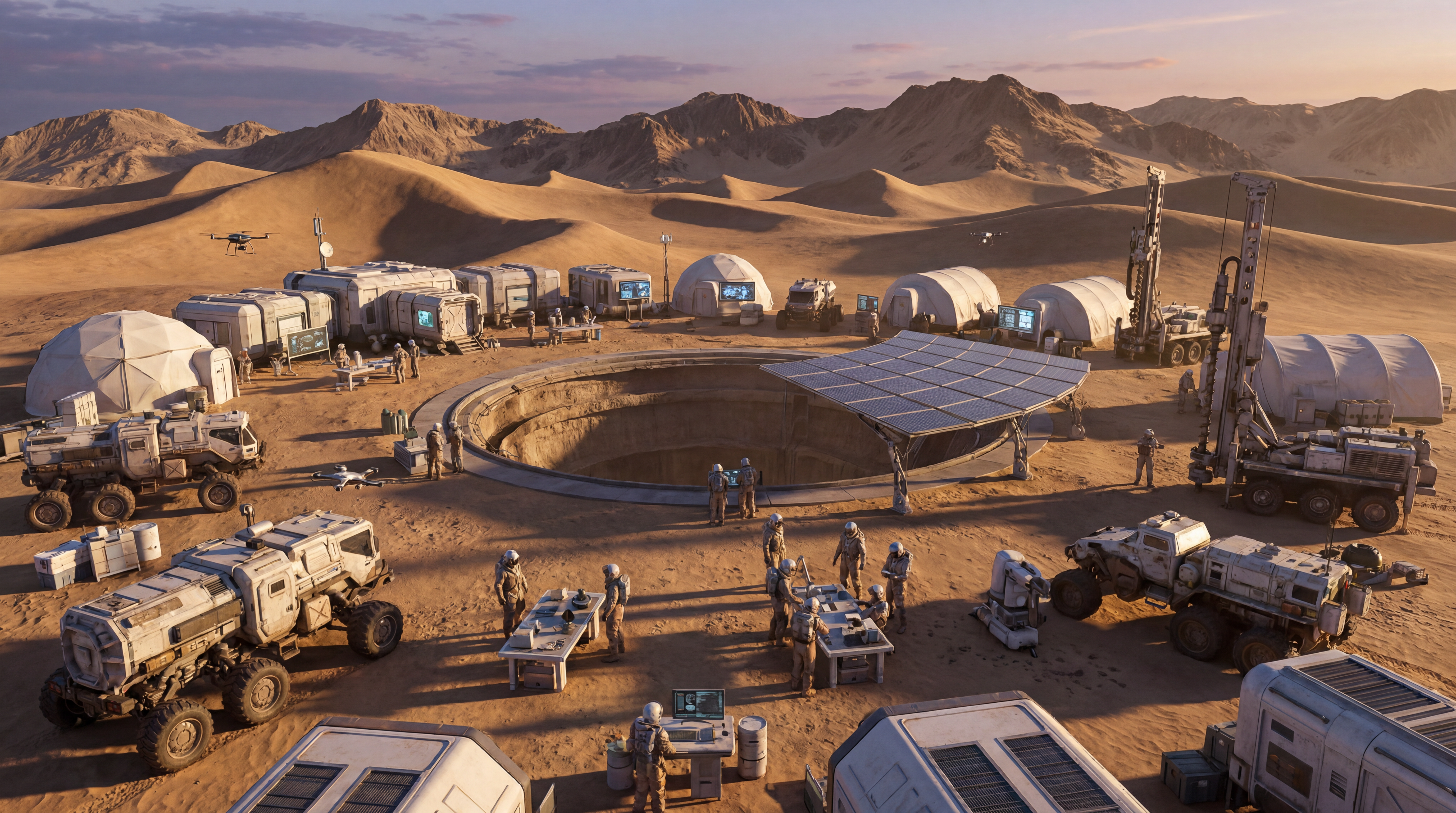 AI Design for Cinematic science fiction scene at a modern archaeological research base in the middle of a vast desert. The camera slowly moves above and around the base. White expedition tents stand across the sand, with scientific research stations, large displays, laboratory equipment, solar panels, communication antennas and massive futuristic exploration vehicles. Researchers wearing protective suits work around the camp, analyzing samples, checking instruments and studying the excavation area. Endless sand dunes and distant desert mountains surround the installation. The location feels both modern and ancient, as humanity tries to uncover a secret buried for millions of years. Slow cinematic camera movement, realistic sci-fi atmosphere, epic movie opening scene, cinematic lighting, ultra realistic, 8K.
