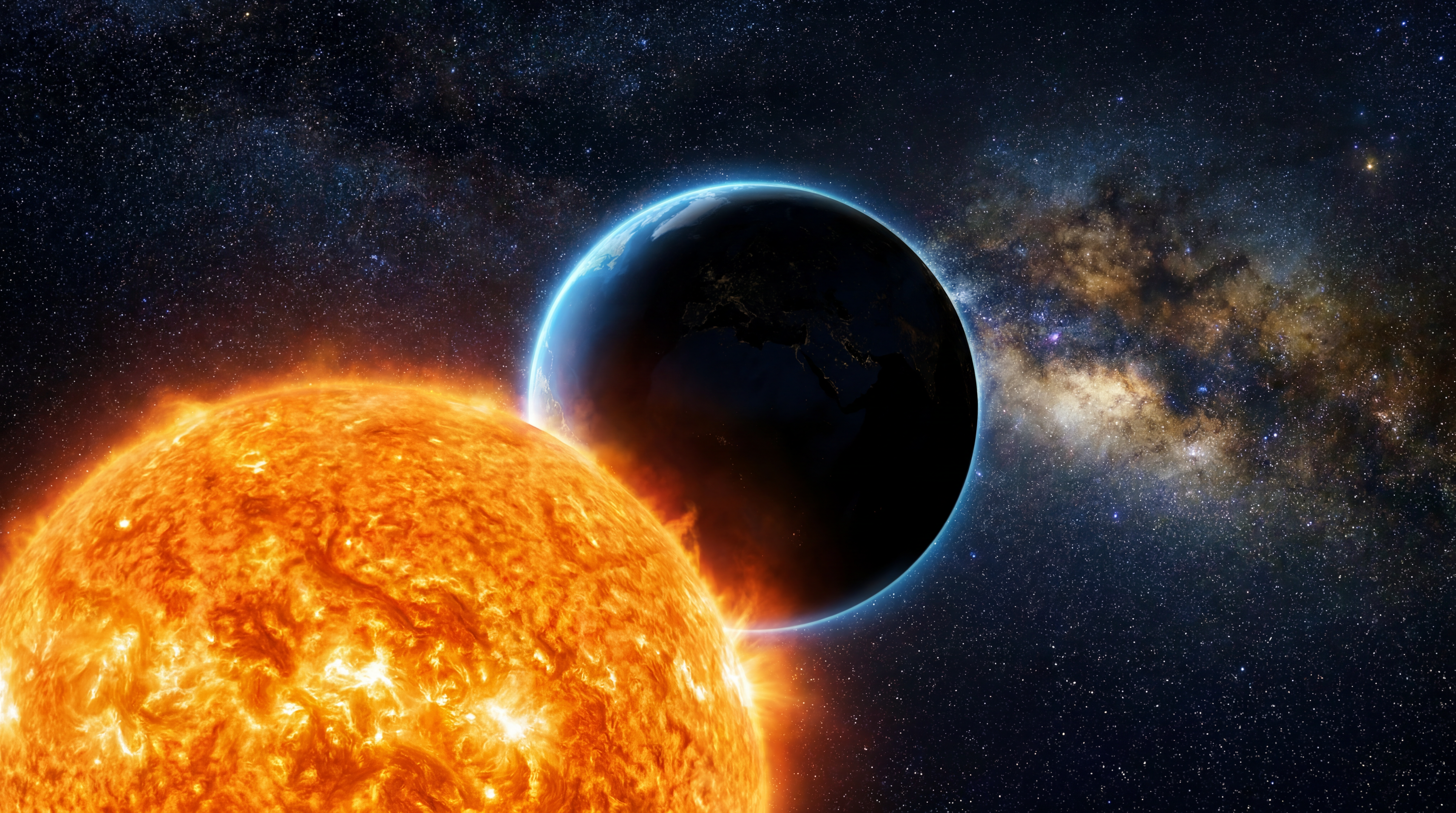 AI Design for The camera emerges from behind the blazing Sun revealing Earth almost entirely in shadow, surrounded by a thin glowing blue atmosphere. Deep star field and colorful nebulae fill the background. Monumental cinematic composition, ultra realistic, Hollywood science fiction, dramatic lighting, HDR, 8K.