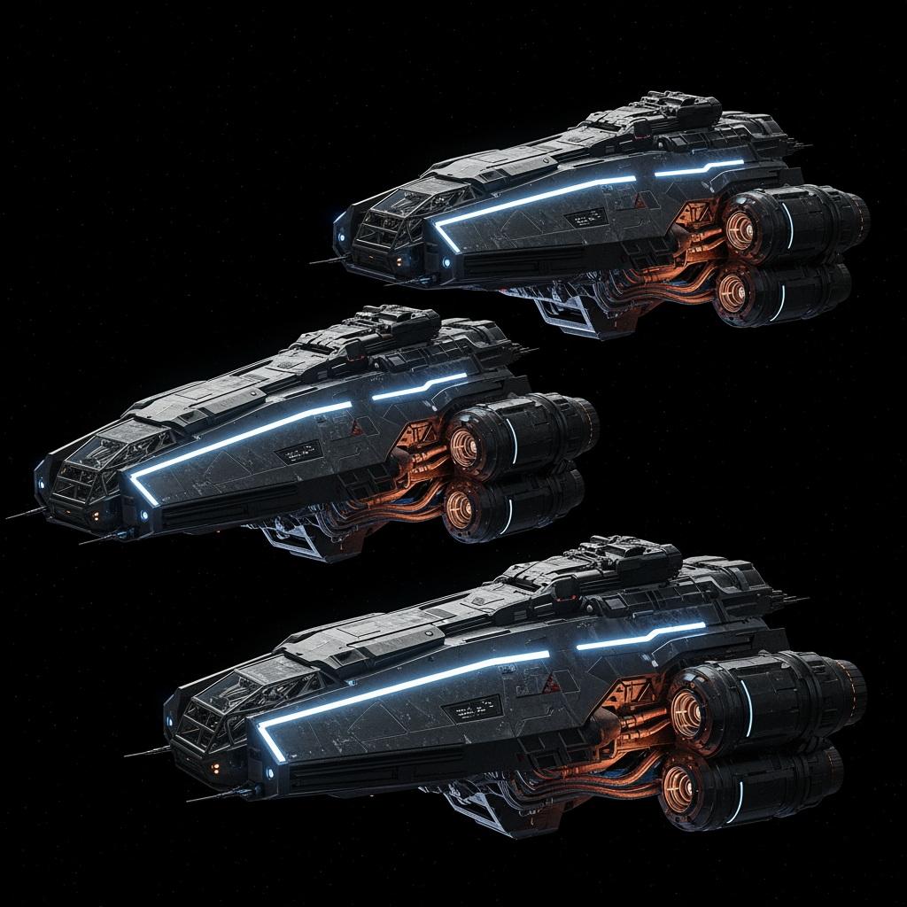 AI Design for Three medium-sized, highly detailed cyberpunk-style sci-fi spaceships fly together in formation through deep space. The ships are robust and futuristic, featuring armored hulls with subtle blue and white accent lights and restrained illumination. The focus is on advanced technology and massive engines rather than excessive neon lighting.

In the background, distant stars, faint nebulae, and a partially illuminated planet can be seen. The scene has a dark, realistic, cinematic atmosphere with dramatic lighting and a strong sense of depth.

Style: ultra-detailed, cinematic sci-fi, cyberpunk aesthetic, realistic lighting, dark atmosphere, high contrast, 8K, wide-angle shot, epic scale.