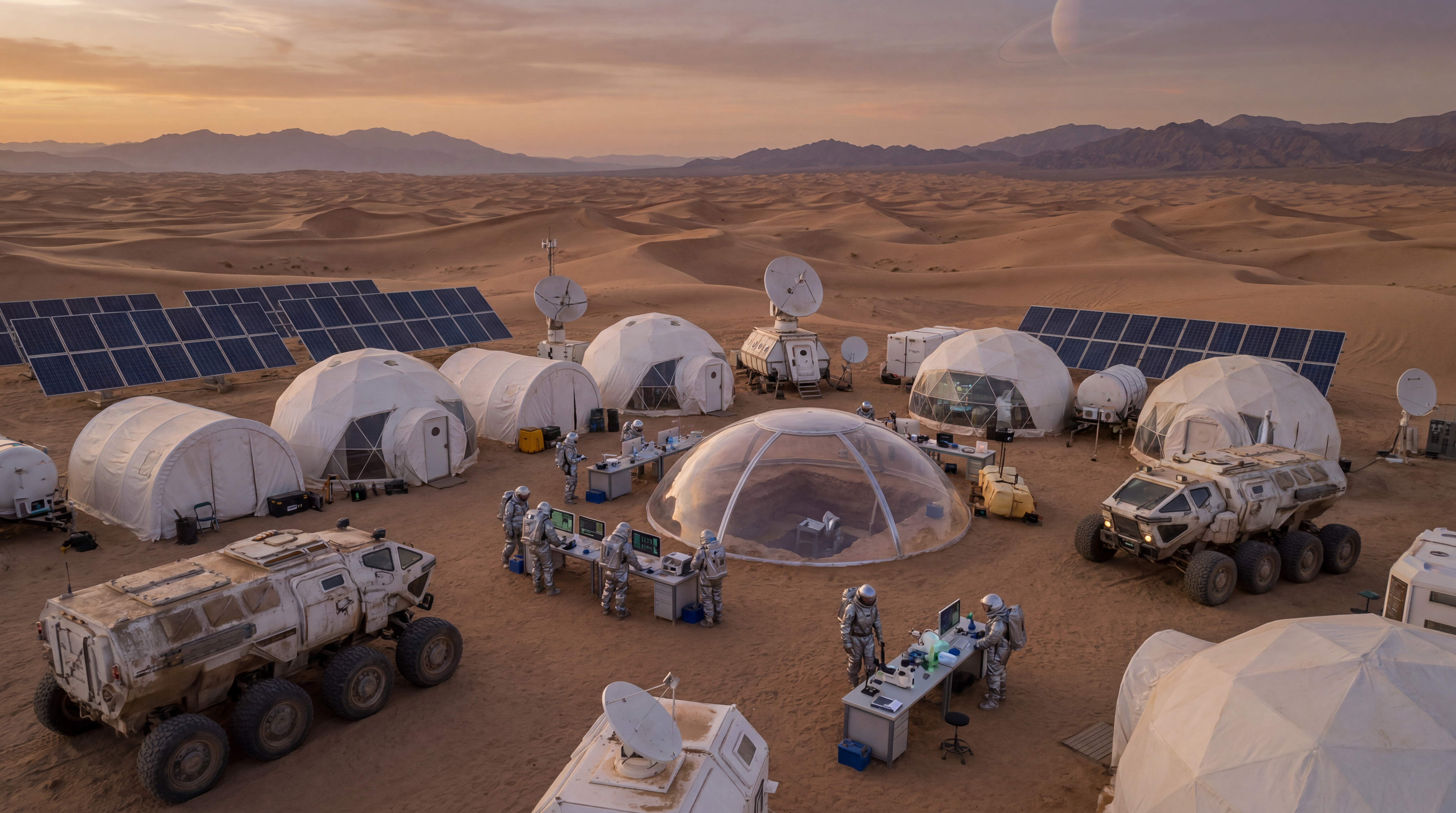 AI Design for Cinematic science fiction scene at a modern archaeological research base in the middle of a vast desert. The camera slowly moves above and around the base. White expedition tents stand across the sand, with scientific research stations, large displays, laboratory equipment, solar panels, communication antennas and massive futuristic exploration vehicles. Researchers wearing protective suits work around the camp, analyzing samples, checking instruments and studying the excavation area. Endless sand dunes and distant desert mountains surround the installation. The location feels both modern and ancient, as humanity tries to uncover a secret buried for millions of years. Slow cinematic camera movement, realistic sci-fi atmosphere, epic movie opening scene, cinematic lighting, ultra realistic, 8K.