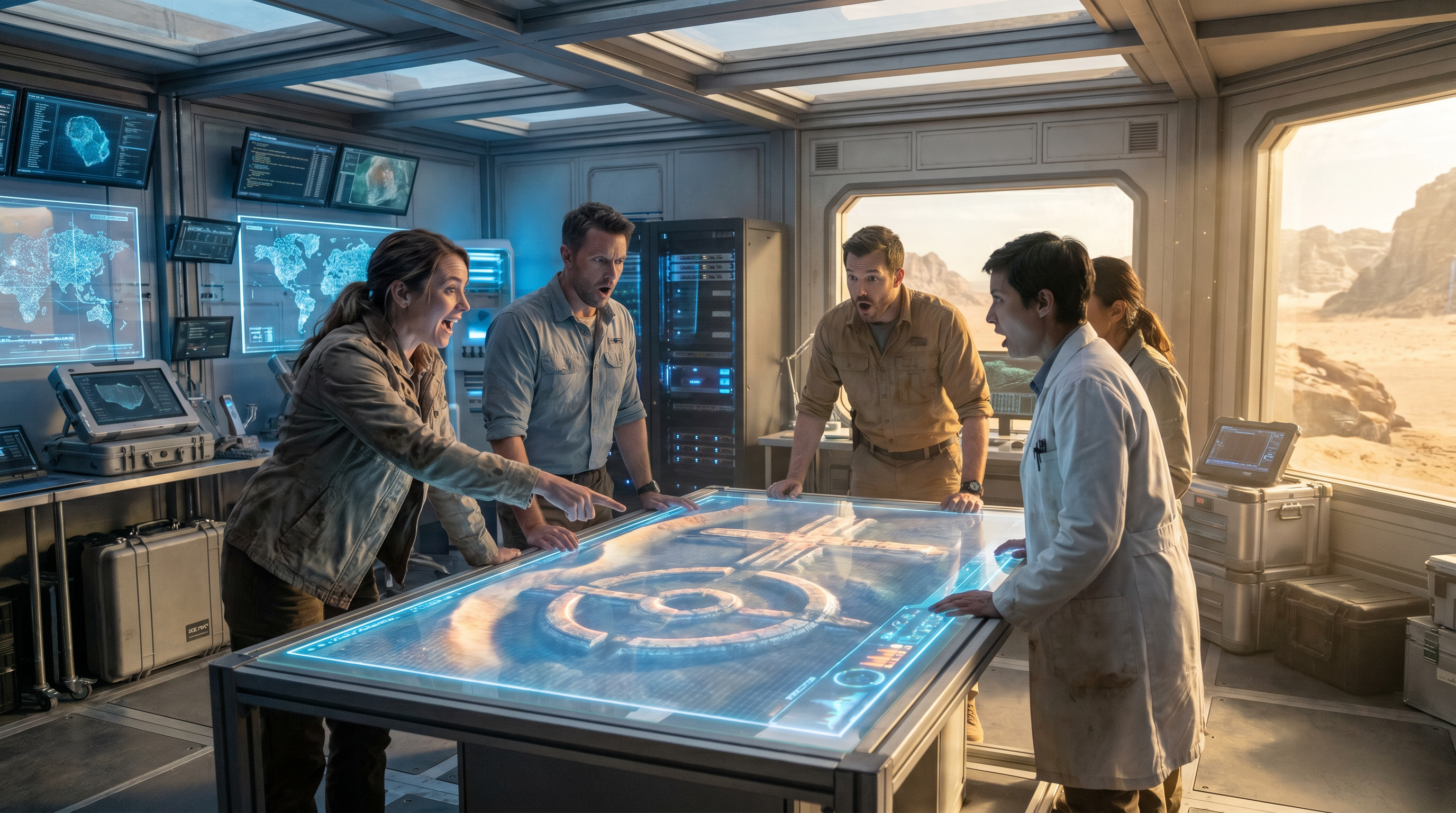 AI Design for Cinematic science fiction archaeological command center inside a modern desert expedition base. Several scientists and archaeologists stand around a large futuristic digital touchscreen display. The screen shows a high resolution satellite ground-penetrating radar scan of the desert. Beneath the sand, perfectly symmetrical geometric structures are clearly visible, including concentric circles, long straight lines and enormous artificial underground formations. One scientist points at the display in surprise while the others stare in disbelief. The room is illuminated by cool blue monitor light mixed with warm desert sunlight entering through the windows. Modern computers, holographic interfaces, scientific instruments, communication equipment and digital maps fill the command center. Highly detailed, photorealistic, Hollywood science fiction, cinematic composition, shallow depth of field, volumetric lighting, IMAX quality, ultra realistic, 8K.
