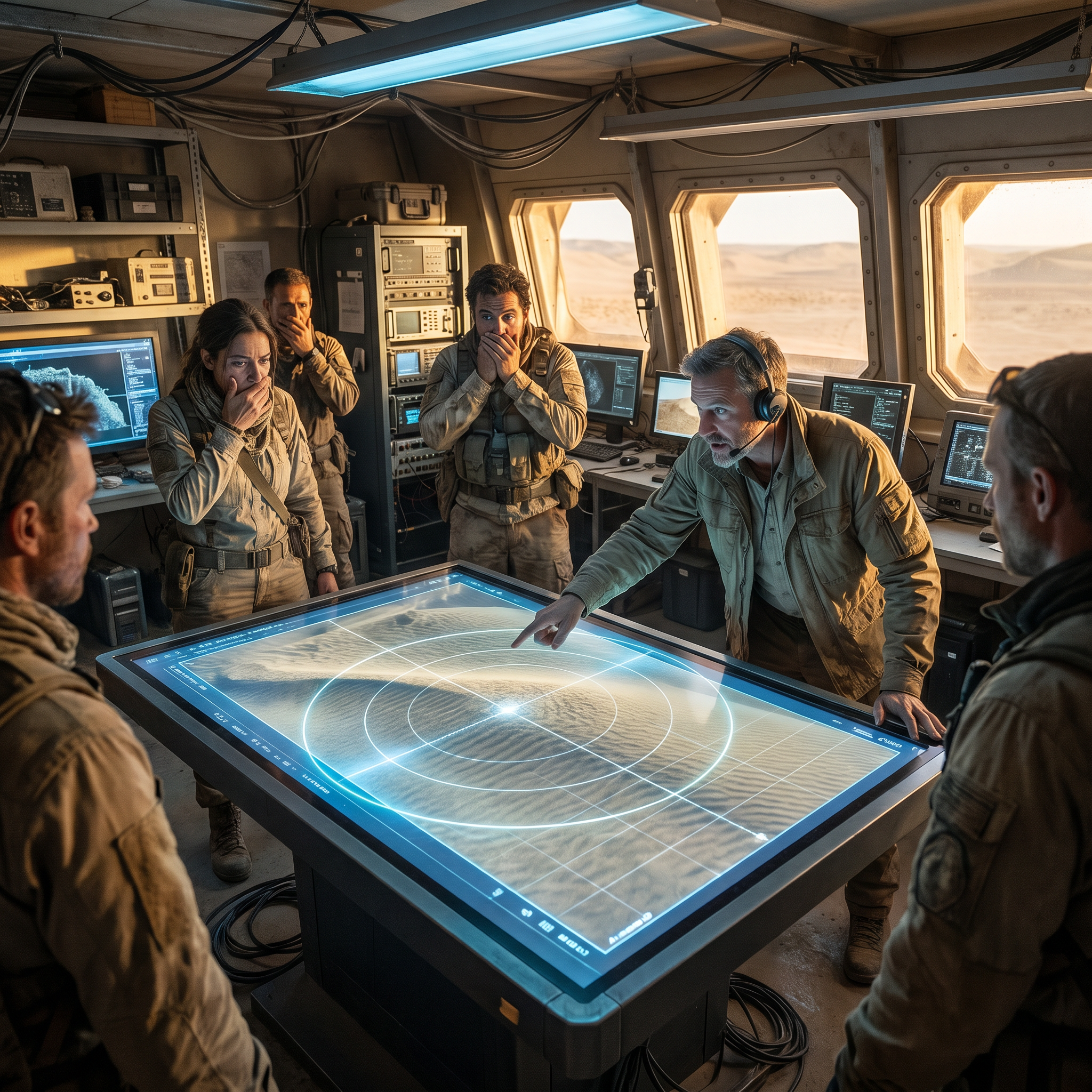 AI Design for Cinematic science fiction archaeological command center inside a modern desert expedition base. Several scientists and archaeologists stand around a large futuristic digital touchscreen display. The screen shows a high resolution satellite ground-penetrating radar scan of the desert. Beneath the sand, perfectly symmetrical geometric structures are clearly visible, including concentric circles, long straight lines and enormous artificial underground formations. One scientist points at the display in surprise while the others stare in disbelief. The room is illuminated by cool blue monitor light mixed with warm desert sunlight entering through the windows. Modern computers, holographic interfaces, scientific instruments, communication equipment and digital maps fill the command center. Highly detailed, photorealistic, Hollywood science fiction, cinematic composition, shallow depth of field, volumetric lighting, IMAX quality, ultra realistic, 8K.