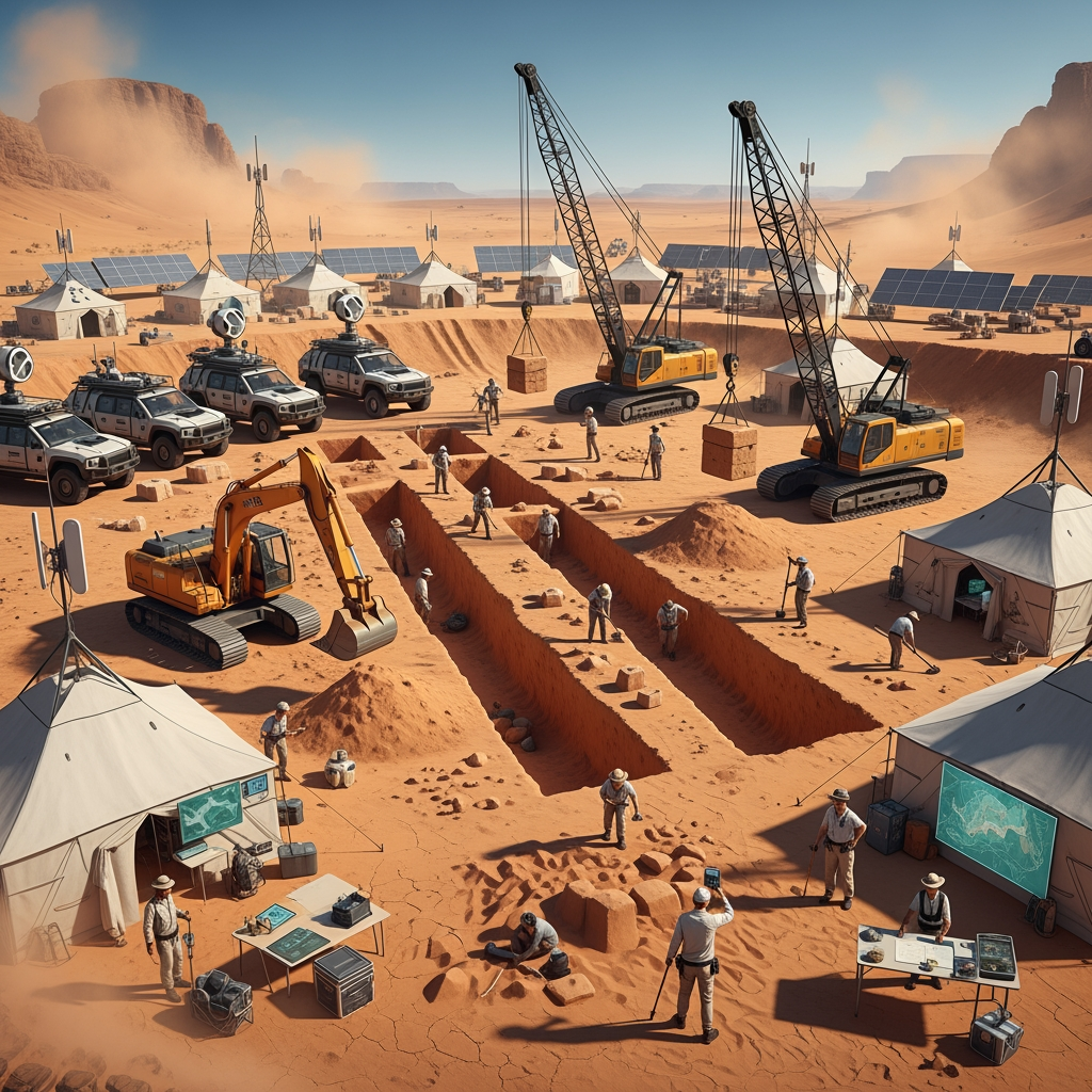 AI Design for Cinematic science fiction archaeological excavation in the middle of a vast desert. A large excavation site is alive with coordinated scientific activity. Tracked excavators carefully remove layers of sand while cranes move heavy equipment. Off-road research vehicles are parked around the work area. White expedition tents, solar panels, communication antennas and advanced scientific instruments surround the excavation. Some archaeologists study maps, others scan the ground with ground-penetrating radar, while workers carefully brush and shovel away the sand. Fine dust drifts through the hot desert air beneath the bright midday sun. The atmosphere is calm, professional and routine. No one realizes that within moments they are about to uncover a secret buried for millions of years. Ultra realistic, Hollywood science fiction movie still, cinematic composition, highly detailed, IMAX quality, volumetric sunlight, 8K
