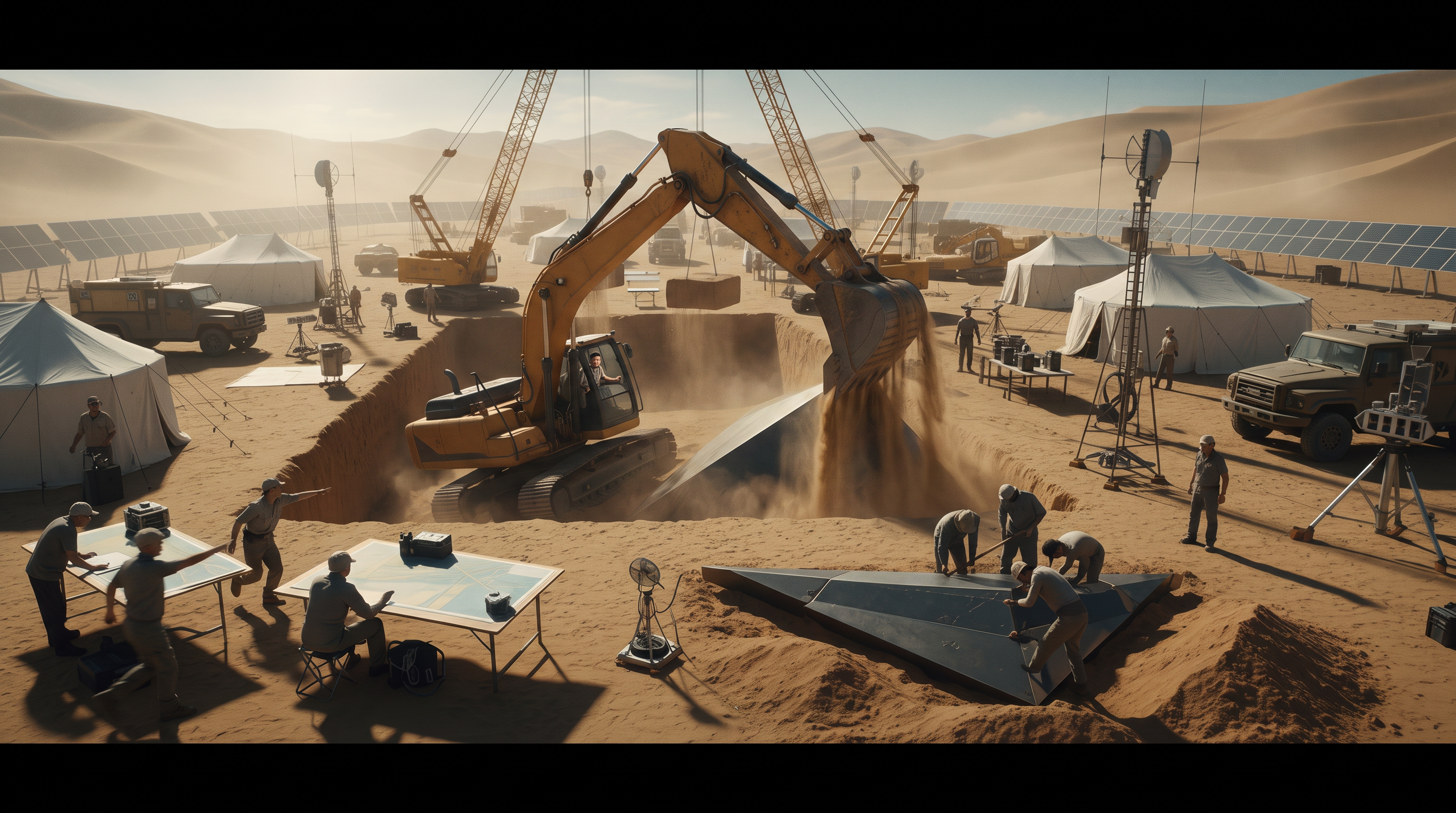 AI Design for Cinematic science fiction archaeological excavation in the middle of a vast desert. A massive tracked excavator has suddenly stopped, its bucket partially buried in the sand after striking an extremely hard unknown object. The hydraulic arm is fully under tension while fine sand pours from the edge of the bucket. The operator stares forward in shock as several archaeologists and scientists wearing protective helmets and desert field gear rush toward the excavator. Emerging from the sand is a gigantic smooth dark gray ancient surface unlike any natural rock formation. Around the excavation site are cranes, off-road research vehicles, scientific instruments, floodlights and white expedition tents. Endless sand dunes and rocky mountains stretch across the background. A tense, mysterious atmosphere suggests the team has just uncovered something extraordinary. Ultra realistic, Hollywood science fiction movie still, cinematic composition, dramatic lighting, shallow depth of field, IMAX quality, volumetric sunlight, 8K.