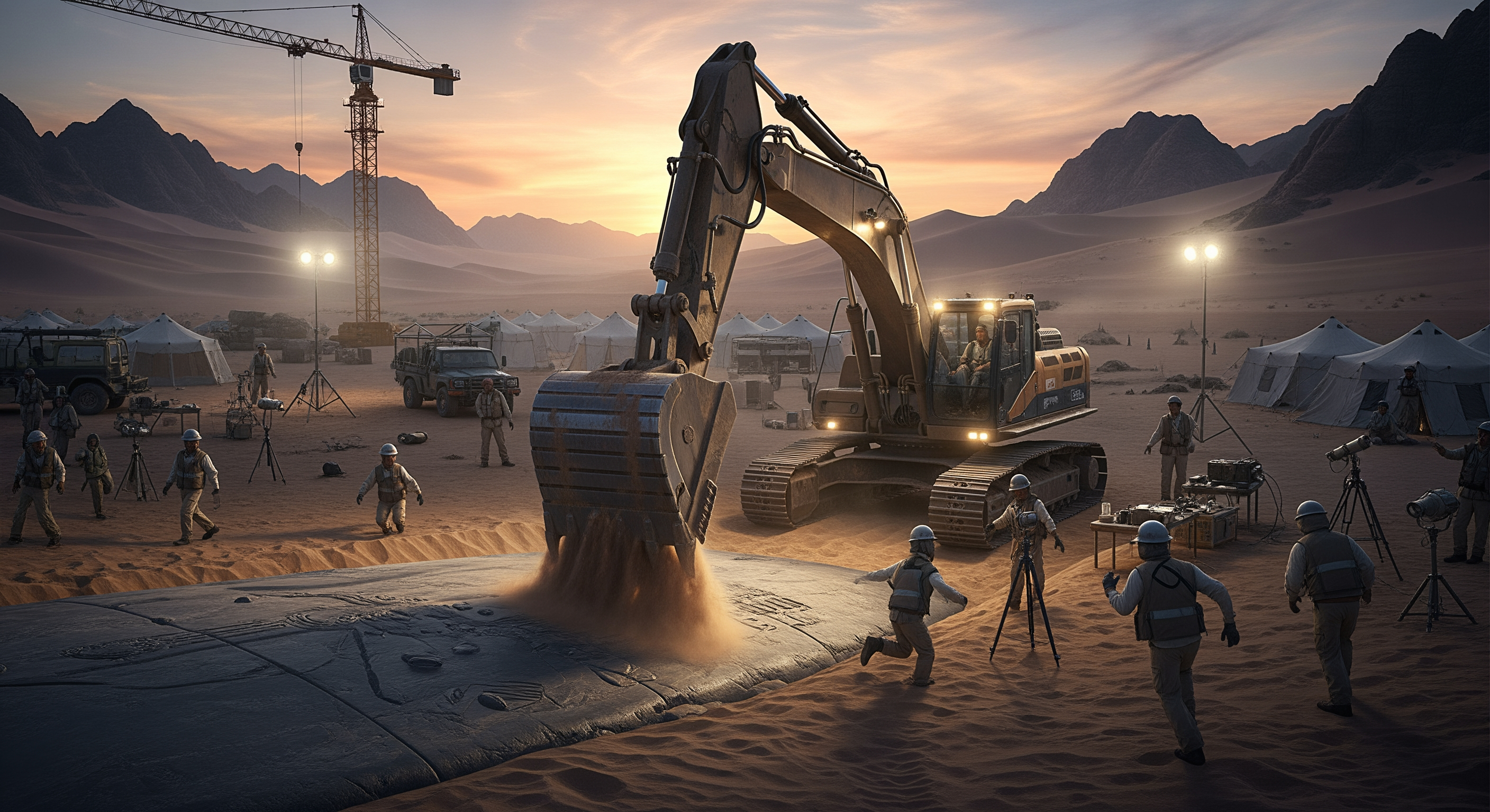 AI Design for Cinematic science fiction archaeological excavation in the middle of a vast desert. A massive tracked excavator has suddenly stopped, its bucket partially buried in the sand after striking an extremely hard unknown object. The hydraulic arm is fully under tension while fine sand pours from the edge of the bucket. The operator stares forward in shock as several archaeologists and scientists wearing protective helmets and desert field gear rush toward the excavator. Emerging from the sand is a gigantic smooth dark gray ancient surface unlike any natural rock formation. Around the excavation site are cranes, off-road research vehicles, scientific instruments, floodlights and white expedition tents. Endless sand dunes and rocky mountains stretch across the background. A tense, mysterious atmosphere suggests the team has just uncovered something extraordinary. Ultra realistic, Hollywood science fiction movie still, cinematic composition, dramatic lighting, shallow depth of field, IMAX quality, volumetric sunlight, 8K.