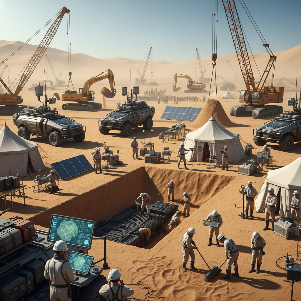 AI Design for Cinematic science fiction archaeological excavation in the middle of a vast desert. A large excavation site is alive with coordinated scientific activity. Tracked excavators carefully remove layers of sand while cranes move heavy equipment. Off-road research vehicles are parked around the work area. White expedition tents, solar panels, communication antennas and advanced scientific instruments surround the excavation. Some archaeologists study maps, others scan the ground with ground-penetrating radar, while workers carefully brush and shovel away the sand. Fine dust drifts through the hot desert air beneath the bright midday sun. The atmosphere is calm, professional and routine. No one realizes that within moments they are about to uncover a secret buried for millions of years. Ultra realistic, Hollywood science fiction movie still, cinematic composition, highly detailed, IMAX quality, volumetric sunlight, 8K