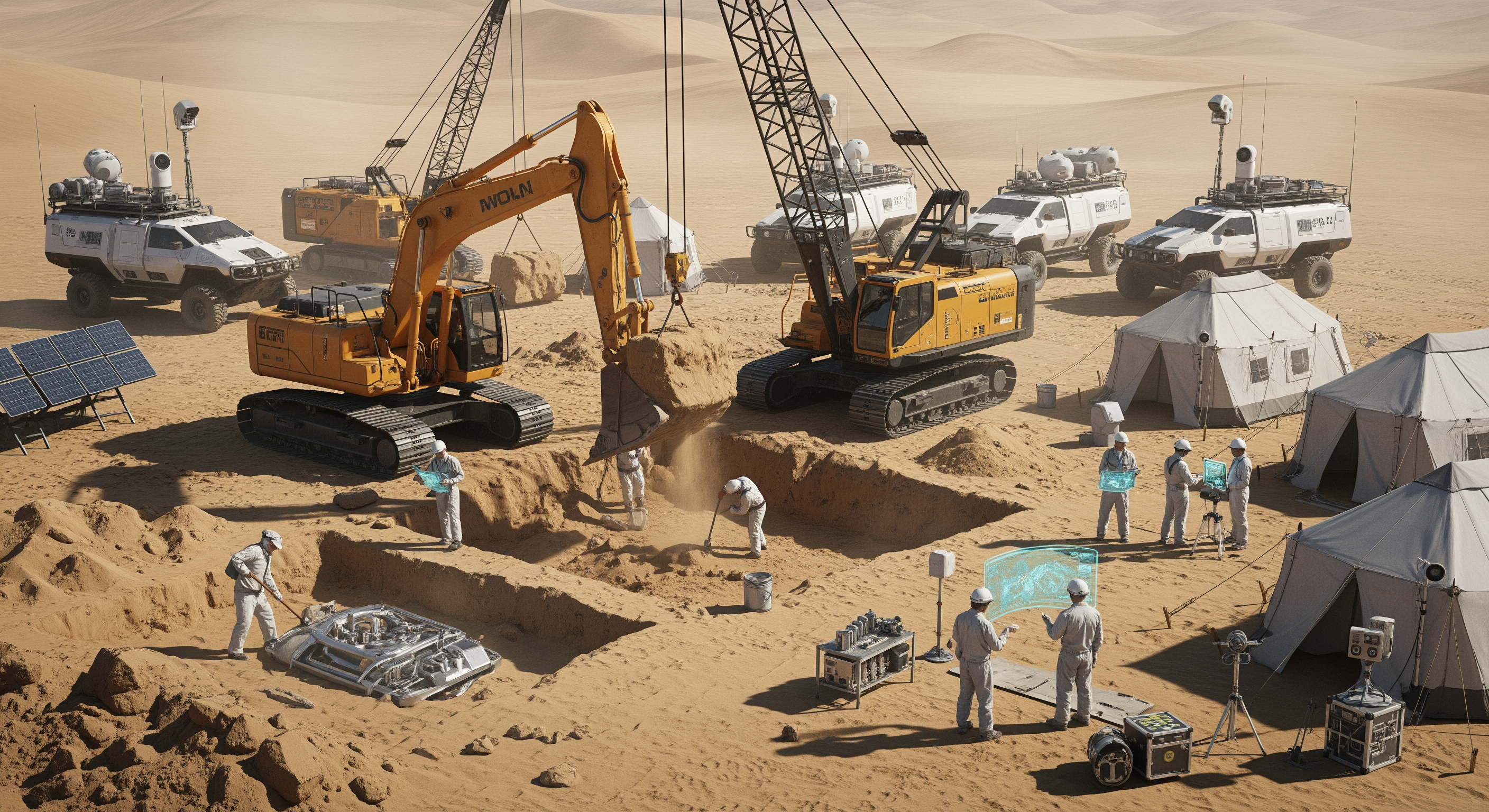 AI Design for Cinematic science fiction archaeological excavation in the middle of a vast desert. A large excavation site is alive with coordinated scientific activity. Tracked excavators carefully remove layers of sand while cranes move heavy equipment. Off-road research vehicles are parked around the work area. White expedition tents, solar panels, communication antennas and advanced scientific instruments surround the excavation. Some archaeologists study maps, others scan the ground with ground-penetrating radar, while workers carefully brush and shovel away the sand. Fine dust drifts through the hot desert air beneath the bright midday sun. The atmosphere is calm, professional and routine. No one realizes that within moments they are about to uncover a secret buried for millions of years. Ultra realistic, Hollywood science fiction movie still, cinematic composition, highly detailed, IMAX quality, volumetric sunlight, 8K