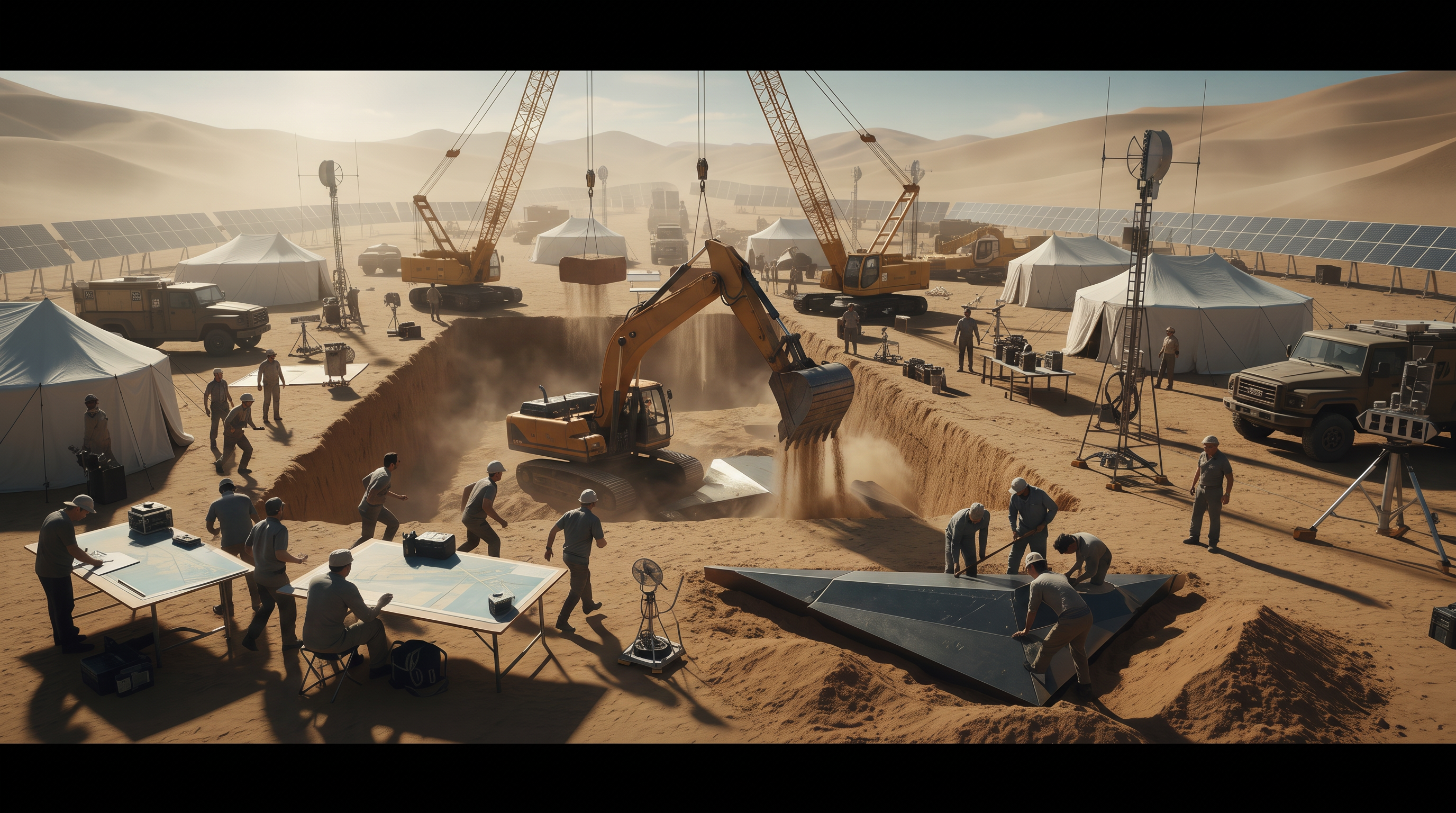 AI Design for Cinematic science fiction archaeological excavation in the middle of a vast desert. A massive tracked excavator has suddenly stopped, its bucket partially buried in the sand after striking an extremely hard unknown object. The hydraulic arm is fully under tension while fine sand pours from the edge of the bucket. The operator stares forward in shock as several archaeologists and scientists wearing protective helmets and desert field gear rush toward the excavator. Emerging from the sand is a gigantic smooth dark gray ancient surface unlike any natural rock formation. Around the excavation site are cranes, off-road research vehicles, scientific instruments, floodlights and white expedition tents. Endless sand dunes and rocky mountains stretch across the background. A tense, mysterious atmosphere suggests the team has just uncovered something extraordinary. Ultra realistic, Hollywood science fiction movie still, cinematic composition, dramatic lighting, shallow depth of field, IMAX quality, volumetric sunlight, 8K.