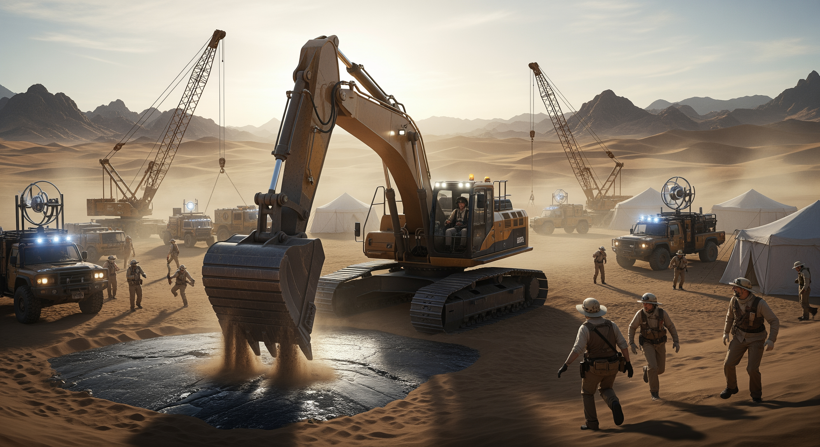 AI Design for Cinematic science fiction archaeological excavation in the middle of a vast desert. A massive tracked excavator has suddenly stopped, its bucket partially buried in the sand after striking an extremely hard unknown object. The hydraulic arm is fully under tension while fine sand pours from the edge of the bucket. The operator stares forward in shock as several archaeologists and scientists wearing protective helmets and desert field gear rush toward the excavator. Emerging from the sand is a gigantic smooth dark gray ancient surface unlike any natural rock formation. Around the excavation site are cranes, off-road research vehicles, scientific instruments, floodlights and white expedition tents. Endless sand dunes and rocky mountains stretch across the background. A tense, mysterious atmosphere suggests the team has just uncovered something extraordinary. Ultra realistic, Hollywood science fiction movie still, cinematic composition, dramatic lighting, shallow depth of field, IMAX quality, volumetric sunlight, 8K.