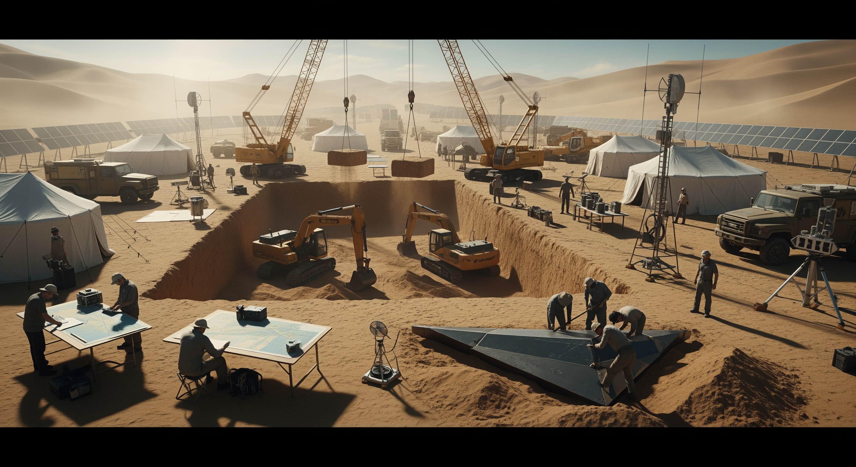 AI Design for Cinematic science fiction archaeological excavation in the middle of a vast desert. A large excavation site is alive with coordinated scientific activity. Tracked excavators carefully remove layers of sand while cranes move heavy equipment. Off-road research vehicles are parked around the work area. White expedition tents, solar panels, communication antennas and advanced scientific instruments surround the excavation. Some archaeologists study maps, others scan the ground with ground-penetrating radar, while workers carefully brush and shovel away the sand. Fine dust drifts through the hot desert air beneath the bright midday sun. The atmosphere is calm, professional and routine. No one realizes that within moments they are about to uncover a secret buried for millions of years. Ultra realistic, Hollywood science fiction movie still, cinematic composition, highly detailed, IMAX quality, volumetric sunlight, 8K