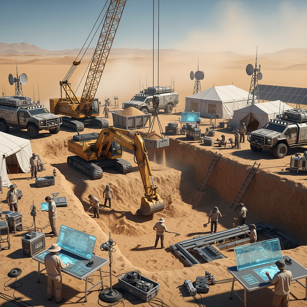 AI Design for Cinematic science fiction archaeological excavation in the middle of a vast desert. A large excavation site is alive with coordinated scientific activity. Tracked excavators carefully remove layers of sand while cranes move heavy equipment. Off-road research vehicles are parked around the work area. White expedition tents, solar panels, communication antennas and advanced scientific instruments surround the excavation. Some archaeologists study maps, others scan the ground with ground-penetrating radar, while workers carefully brush and shovel away the sand. Fine dust drifts through the hot desert air beneath the bright midday sun. The atmosphere is calm, professional and routine. No one realizes that within moments they are about to uncover a secret buried for millions of years. Ultra realistic, Hollywood science fiction movie still, cinematic composition, highly detailed, IMAX quality, volumetric sunlight, 8K