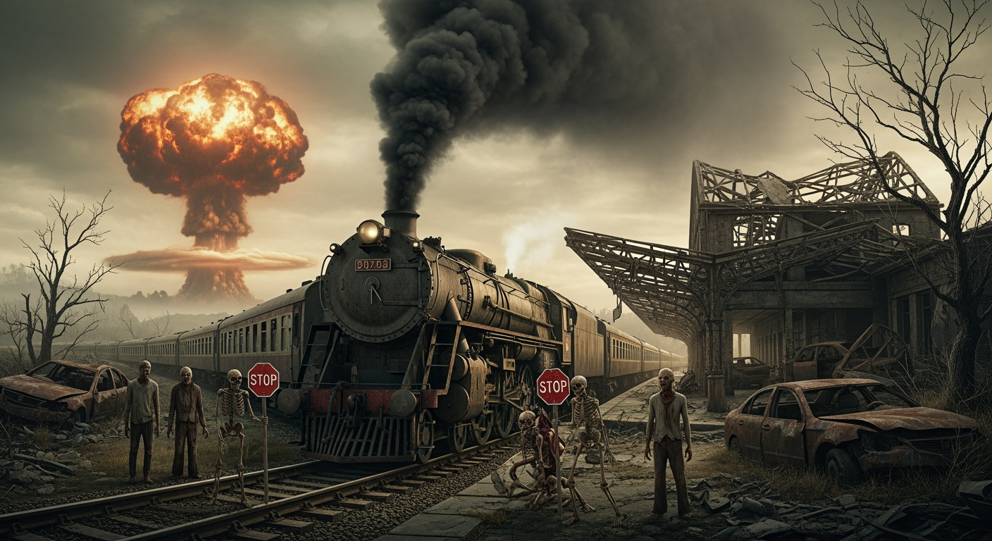 AI Design for A photorealistic image of a steam locomotive viewed from the side, set in an apocalyptic landscape featuring a ruined railway station, wrecked cars, and withered trees. In the distance, the mushroom cloud of a nuclear explosion rises. Endless passenger carriages trail behind the locomotive, and massive smoke billows from its smokestack. Zombies and skeletons stand in front of the engine, holding "STOP" signs.