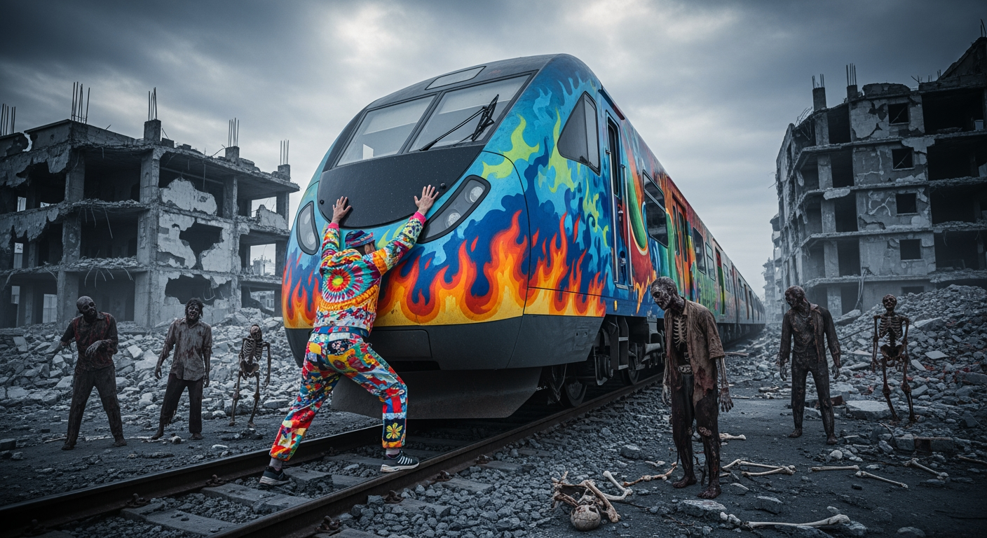 AI Design for A photorealistic image. A person in colorful clothing stands in front of a modern train, attempting to push it back. Both the train and the person are photorealistic and colorful. The surroundings are gray and apocalyptic, filled with zombies, skeletons, and ruins