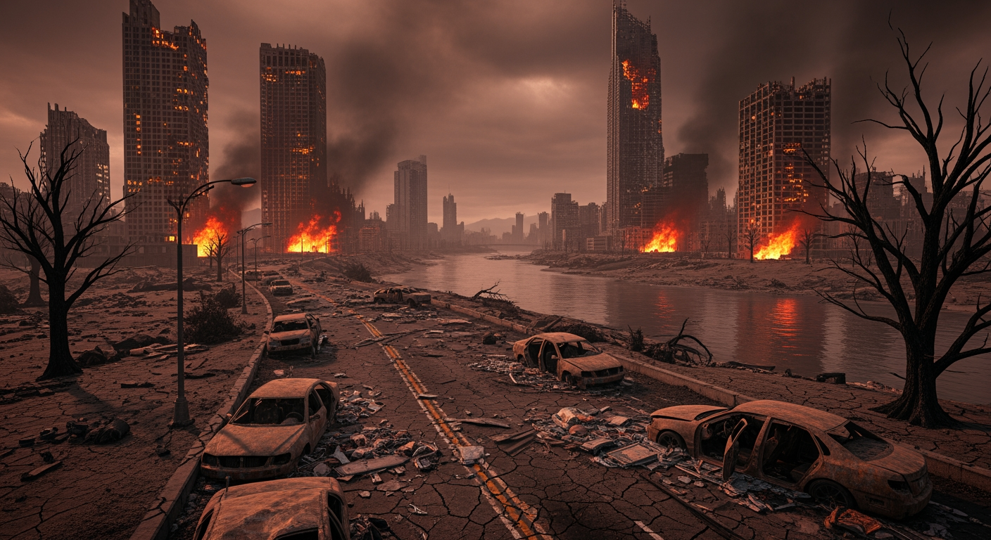 AI Design for Photorealistic image. Apocalyptic landscape. Burning, ruined buildings, wrecked cars, withered trees, a black river.