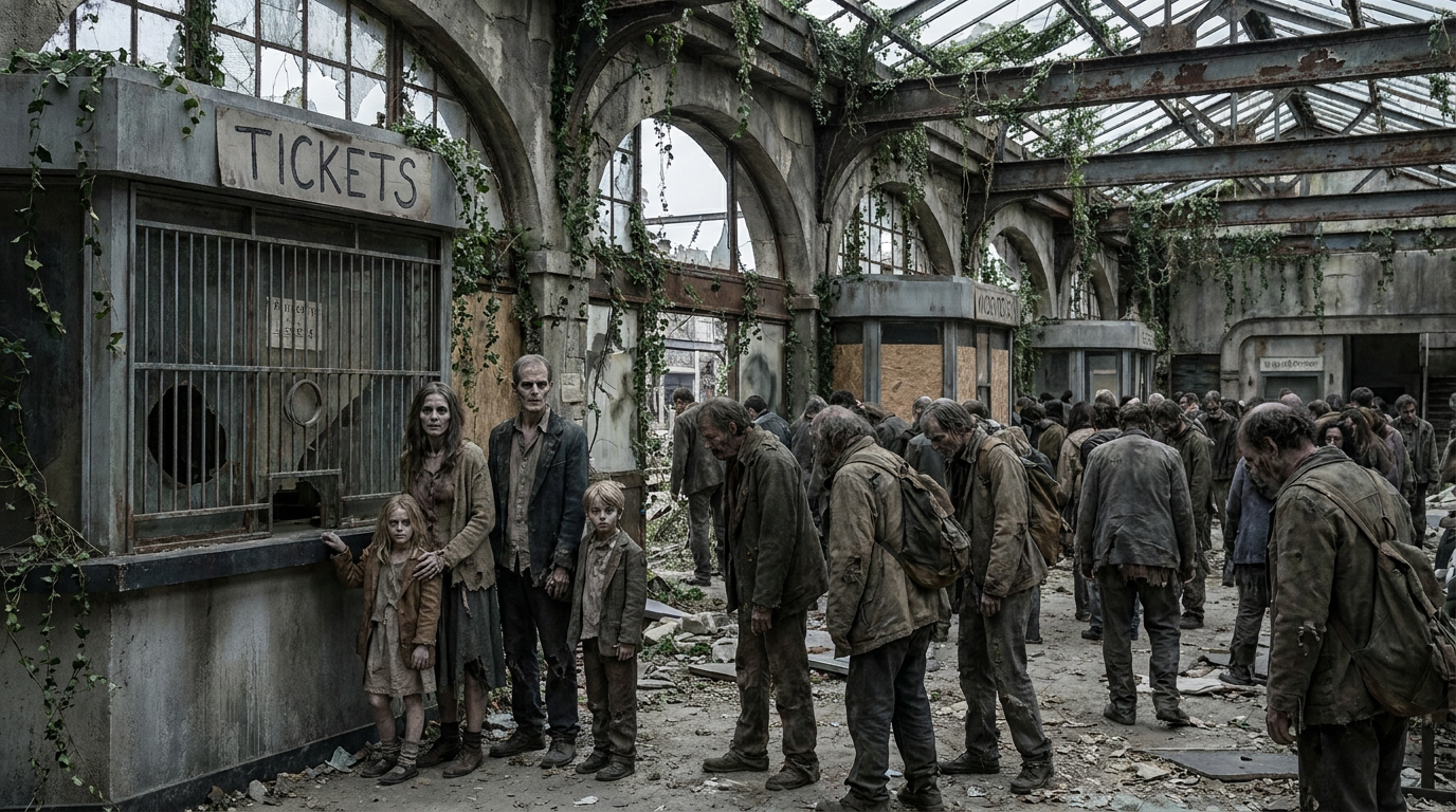 AI Design for A modern-day, apocalyptic, crumbling, dilapidated railway station. A family resembling skeleton-zombies is queuing in front of the ticket office; they want to buy tickets. The family is the focal point, surrounded by the vast station, which is teeming with zombie-like figures in tattered clothes, all trying to reach the ticket counters. A realistic apocalyptic setting featuring lifelike, ragged zombies—people who look real yet miserable. A crisp, sharp image.