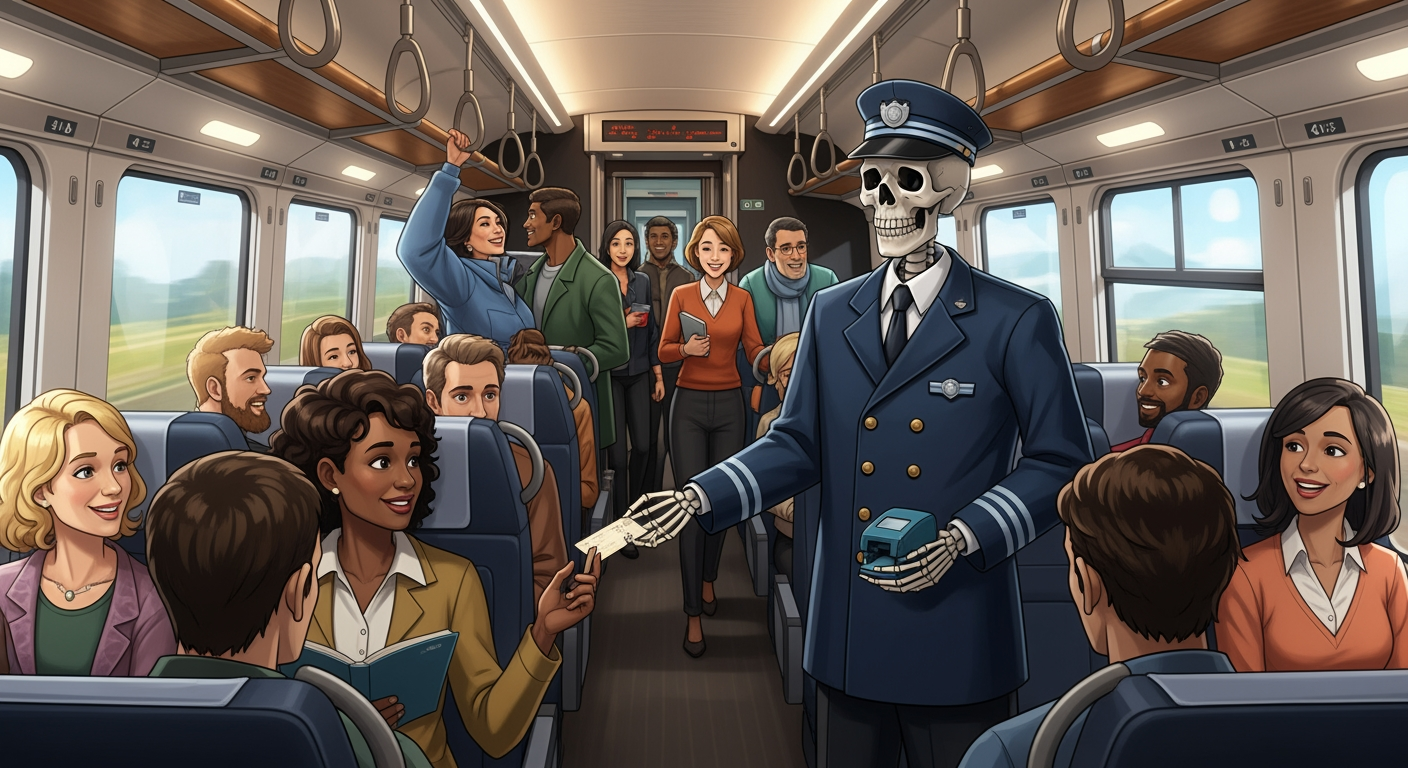 AI Design for The interior of a modern train, filled with cheerful passengers. Every seat is taken, and several people are standing. Standing among the colorful, happy passengers is a skeleton conductor—a ticket inspector.