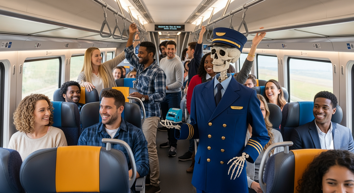 AI Design for Photorealistic image.The interior of a modern train, filled with cheerful passengers. Every seat is taken, and several people are standing. Standing among the colorful, happy passengers is a skeleton conductor—a ticket inspector.
