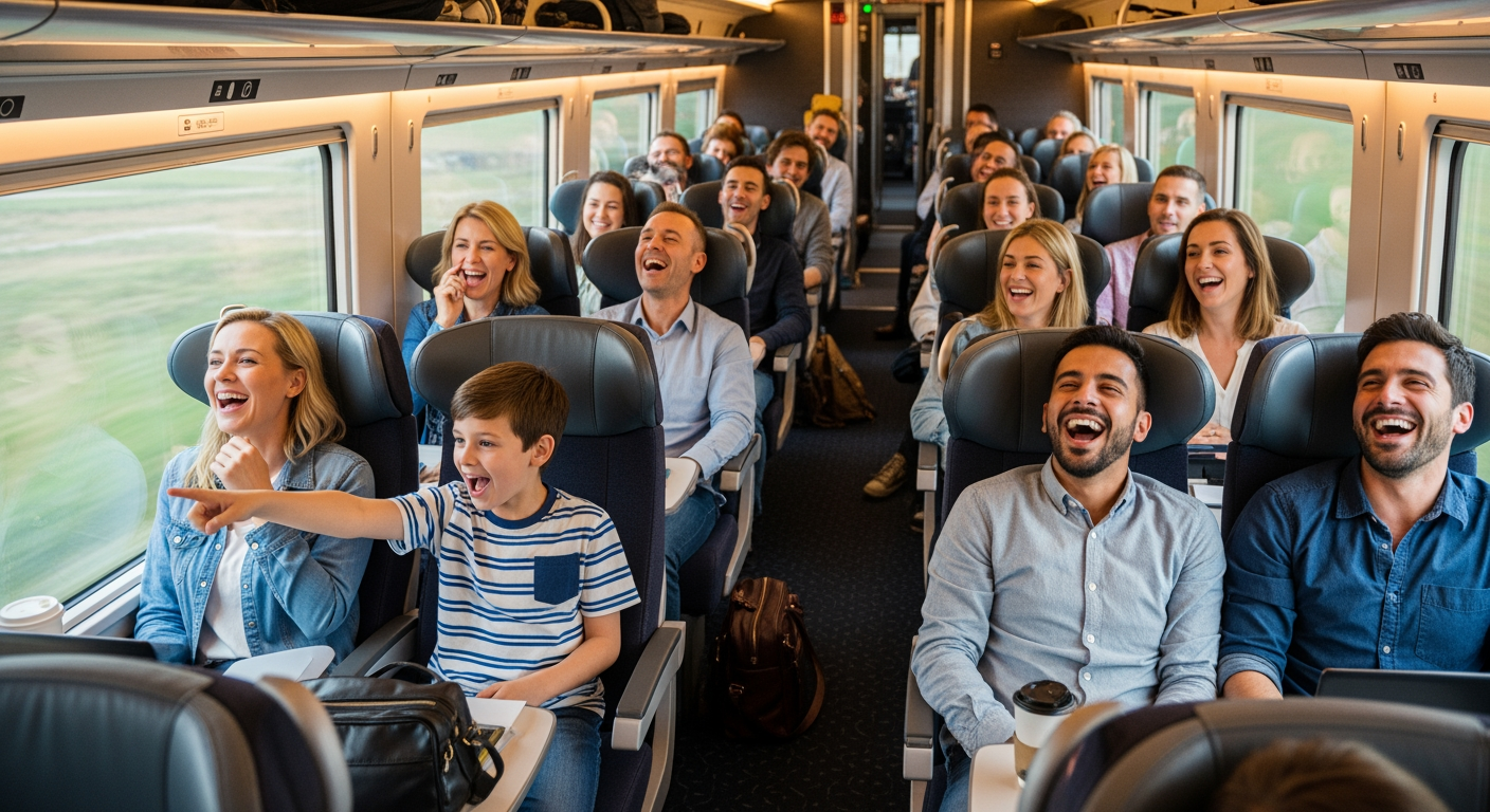 AI Design for A photorealistic image showing the interior of a modern train carriage. Every seat is occupied. The passengers—a diverse mix of women, men, and families—are very cheerful, laughing and chuckling loudly.