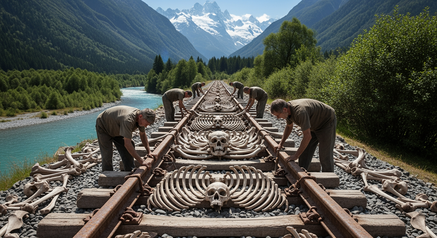 AI Design for A photorealistic image. People are laying tracks, building a railway out of bones. The pair of rails is terrifying and eerie. The setting is idyllic: beautiful mountains, a blue river, and green trees. The construction of the railway is the focal point.