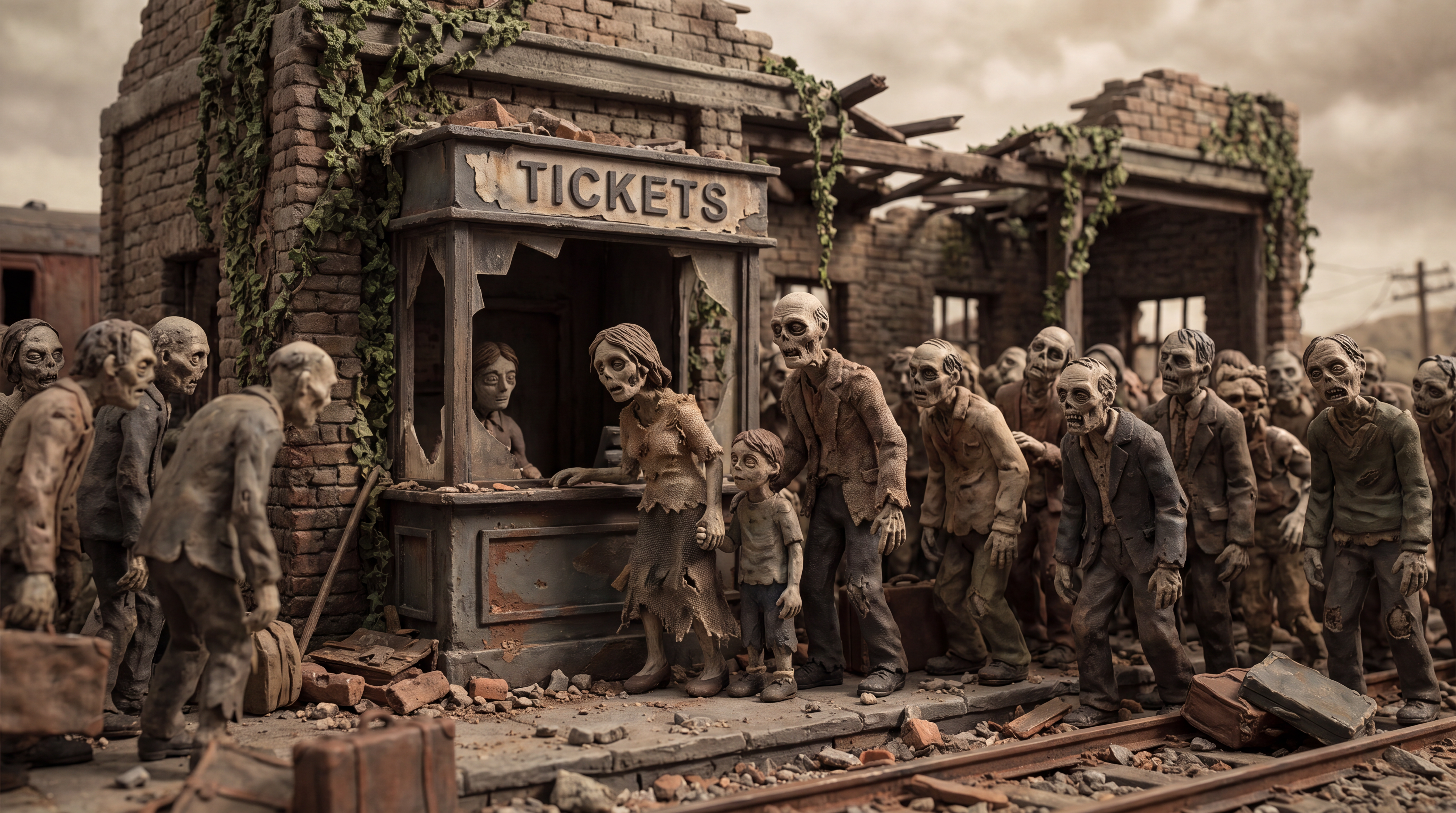 AI Design for Clay figures and a clay setting. A modern, crumbling, ruined, and dilapidated railway station in an apocalyptic world. A family resembling skeleton-zombies is queuing in front of the ticket office, wanting to buy tickets. The family is the focal point, surrounded by the station—which is teeming with zombie-like figures in tattered clothes, all trying to reach the ticket counter. A realistic, apocalyptic clay environment populated by lifelike, ragged zombie figures made of clay. The clay figures look photorealistic yet miserable.