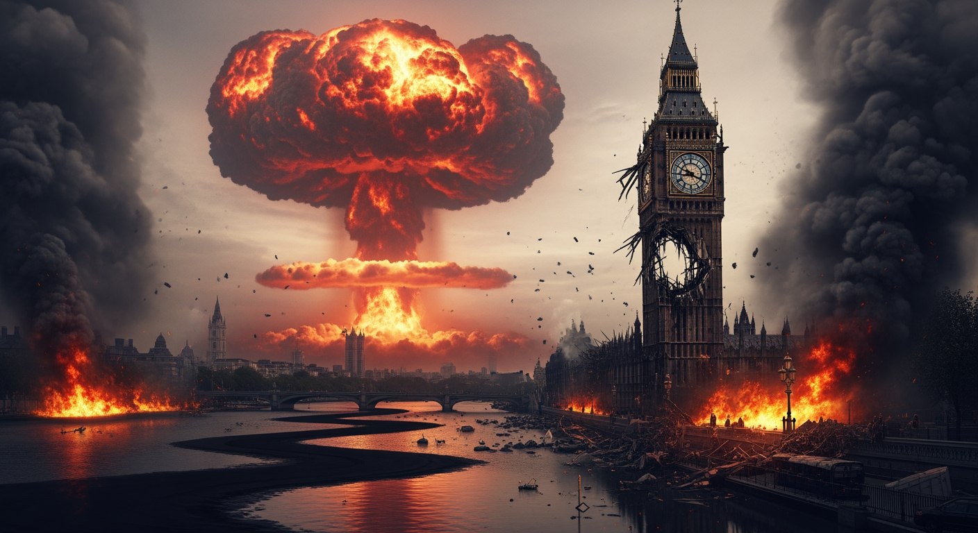 AI Design for A photorealistic image with an apocalyptic atmosphere. The Big Ben clock tower is visible; the tower is in ruins, yet the clock remains in place, showing the time as 12 o'clock. A nuclear mushroom cloud appears in the background. The clock tower is positioned slightly to the right of the frame. A pitch-black river flows by. Everything is burning and smoking.
