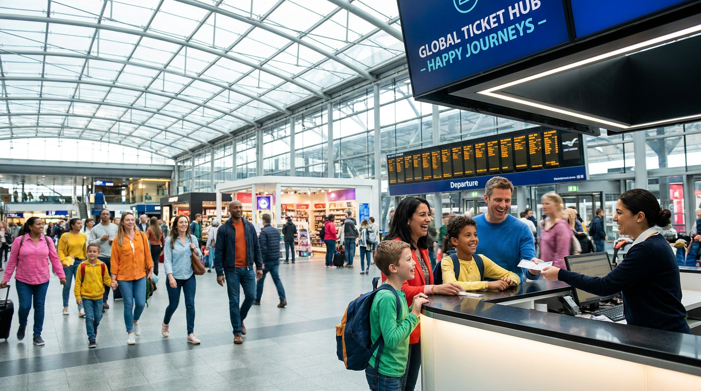 AI Design for A modern, gigantic railway station. A ticket counter. A happy family is buying tickets in front of the counter. A massive, colorful, happy, and cheerful crowd fills the station. The family buying tickets is the focal point. A clear, sharp image.