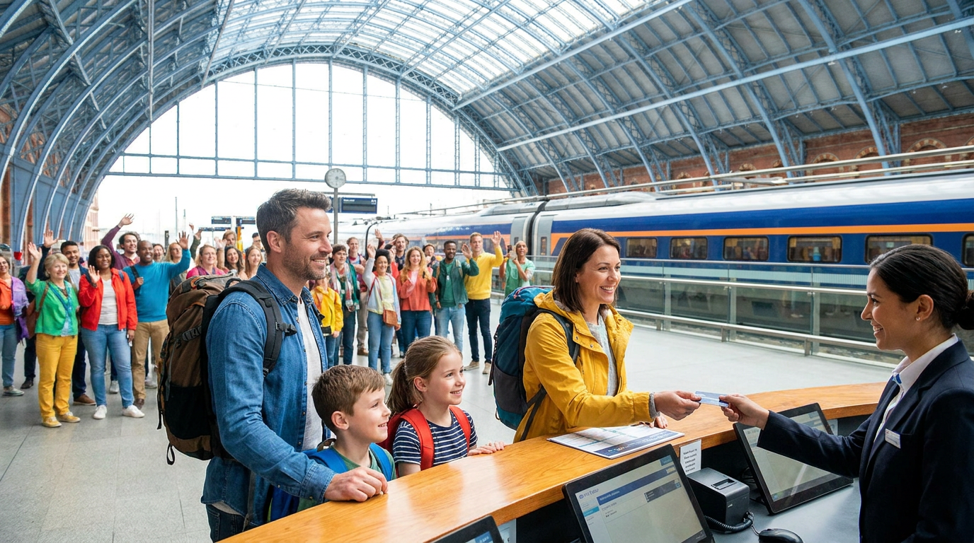 AI Design for A modern, gigantic railway station. A ticket counter. A happy family is buying tickets in front of the counter. A massive, colorful, happy, and cheerful crowd fills the station, with a long train visible in the background. The family buying tickets is the focal point. A clear, sharp image.