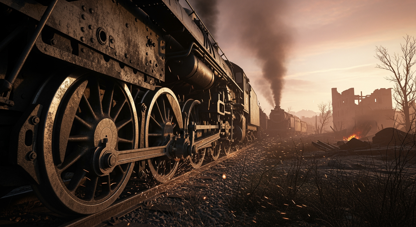 AI Design for An apocalyptic atmosphere. A steam locomotive; the image focuses on the locomotive's wheels, though the locomotive itself is also visible.