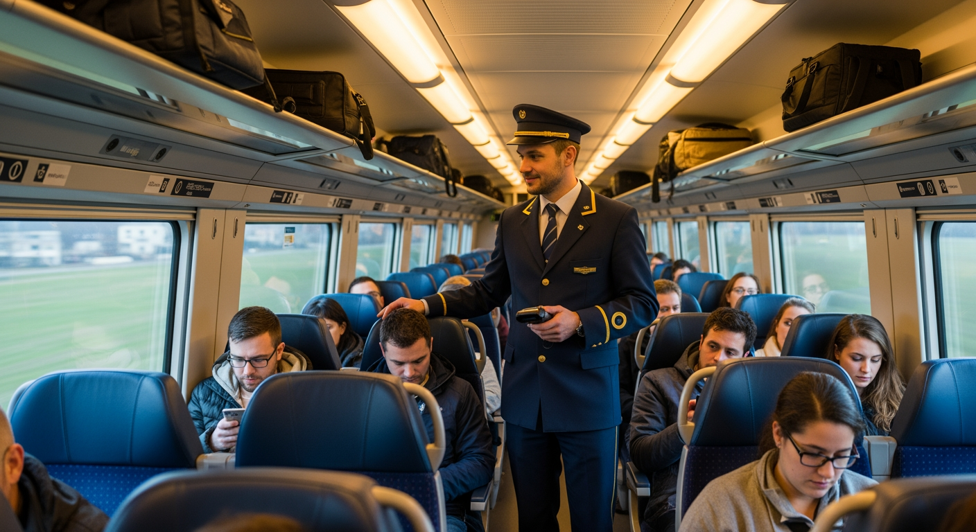 AI Design for .photorealisti image.A conductor is standing in a modern railway carriage packed with passengers.