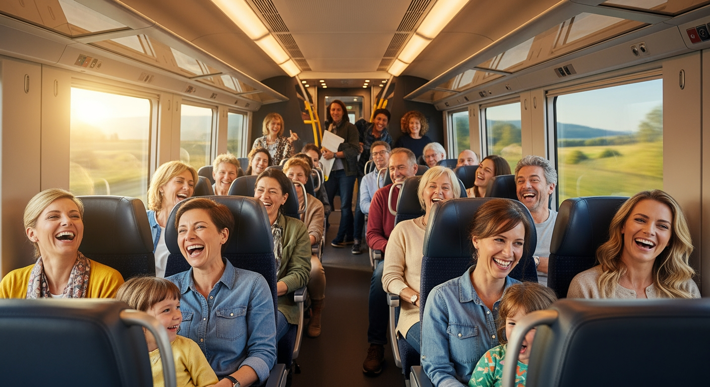AI Design for A photorealistic image showing the interior of a modern train carriage. Every seat is occupied. The passengers—a diverse mix of women, men, and families—are very cheerful, laughing and chuckling loudly.