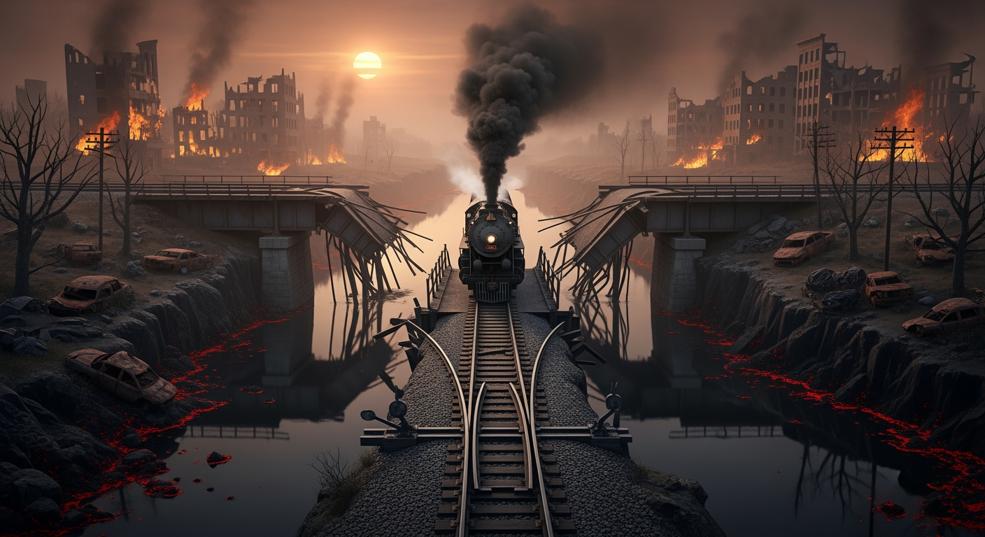 AI Design for A photorealistic image. An apocalyptic landscape featuring a collapsed railway bridge. Burning, ruined buildings, wrecked cars, withered trees, and a river of black, pitch-like water. A pair of tracks stretches endlessly across the landscape. A steam locomotive, billowing thick smoke, is heading toward the collapsed bridge. The track splits at a switch, which is broken. The main subjects are the bridge and the train.