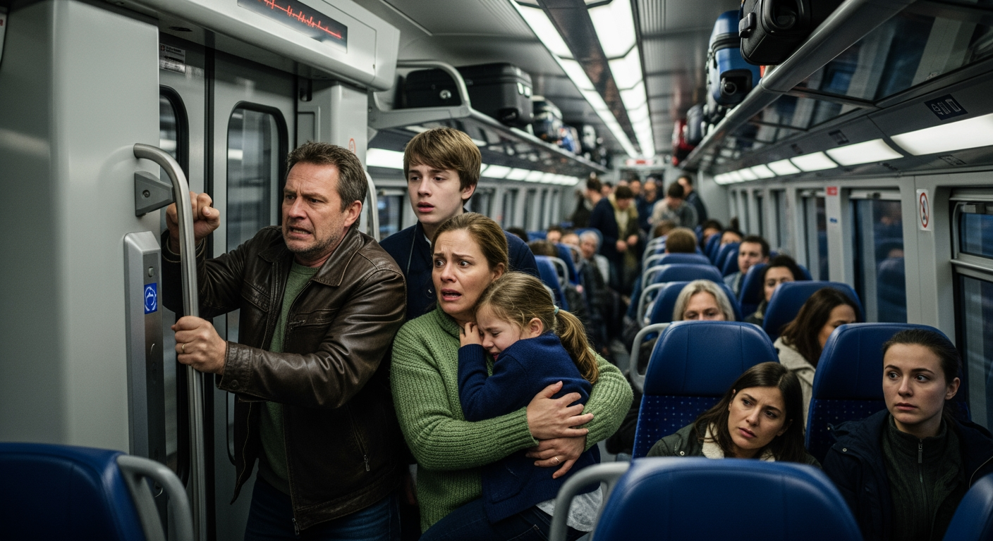AI Design for The interior of a modern railway carriage, packed with passengers. A family stands by the door inside the carriage, terror written on their faces. They are trying to open the door but failing. The family is the focal point, with the crowded carriage in the background.
