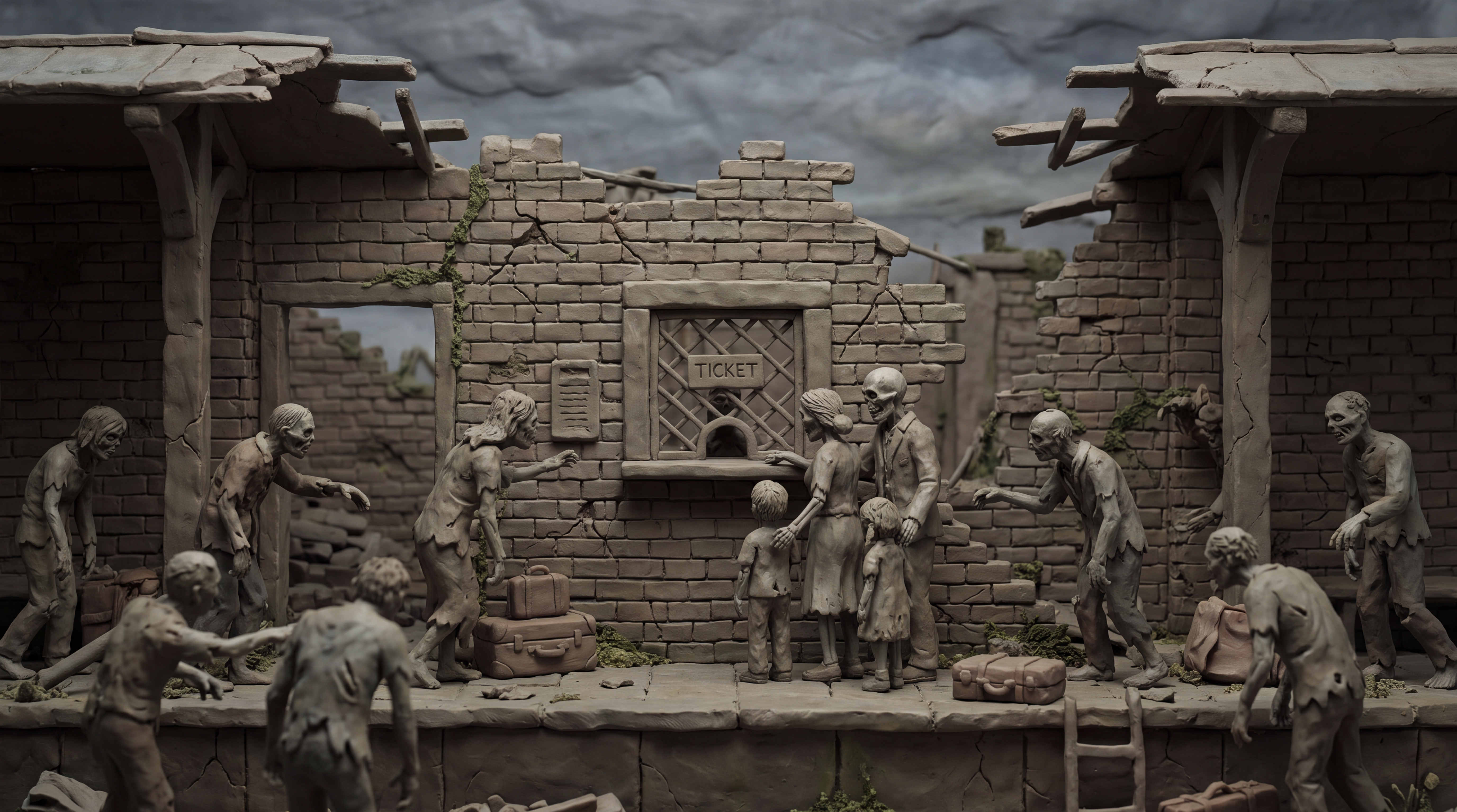 AI Design for Clay figures and a clay setting. A modern, crumbling, ruined, and dilapidated railway station in an apocalyptic world. A family resembling skeleton-zombies is queuing in front of the ticket office, wanting to buy tickets. The family is the focal point, surrounded by the station—which is teeming with zombie-like figures in tattered clothes, all trying to reach the ticket counter. A realistic, apocalyptic clay environment populated by lifelike, ragged zombie figures made of clay. The clay figures look photorealistic yet miserable.