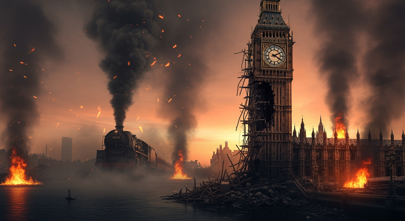 AI Design for A photorealistic image with an apocalyptic atmosphere. The Big Ben clock tower is visible; the tower is in ruins, yet the clock remains in place, showing the time as 12 o'clock. In the background, a steam locomotive appears with thick smoke billowing from its funnel. The clock tower is positioned slightly to the right of the frame. A pitch-black river flows by. Everything is burning and smoking.