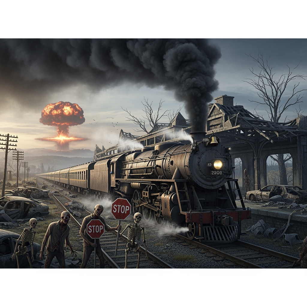 AI Design for A photorealistic image of a steam locomotive viewed from the side, set in an apocalyptic landscape featuring a ruined railway station, wrecked cars, and withered trees. In the distance, the mushroom cloud of a nuclear explosion rises. Endless passenger carriages trail behind the locomotive, and massive smoke billows from its smokestack. Zombies and skeletons stand in front of the engine, holding "STOP" signs.