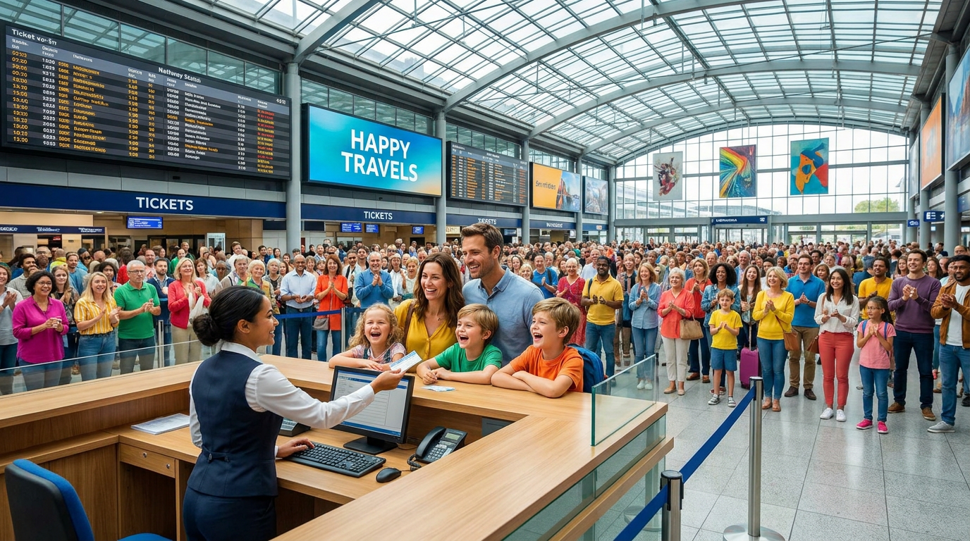 AI Design for A modern, gigantic railway station. A ticket counter. A happy family is buying tickets in front of the counter. A massive, colorful, happy, and cheerful crowd fills the station. The family buying tickets is the focal point. A clear, sharp image.