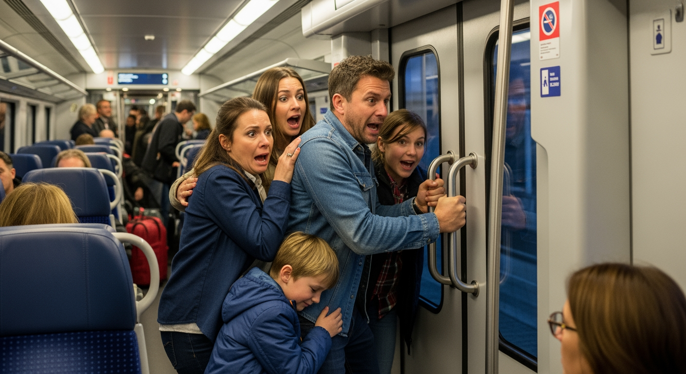 AI Design for The interior of a modern railway carriage, packed with passengers. A family stands by the door inside the carriage, terror written on their faces. They are trying to open the door but failing. The family is the focal point, with the crowded carriage in the background.